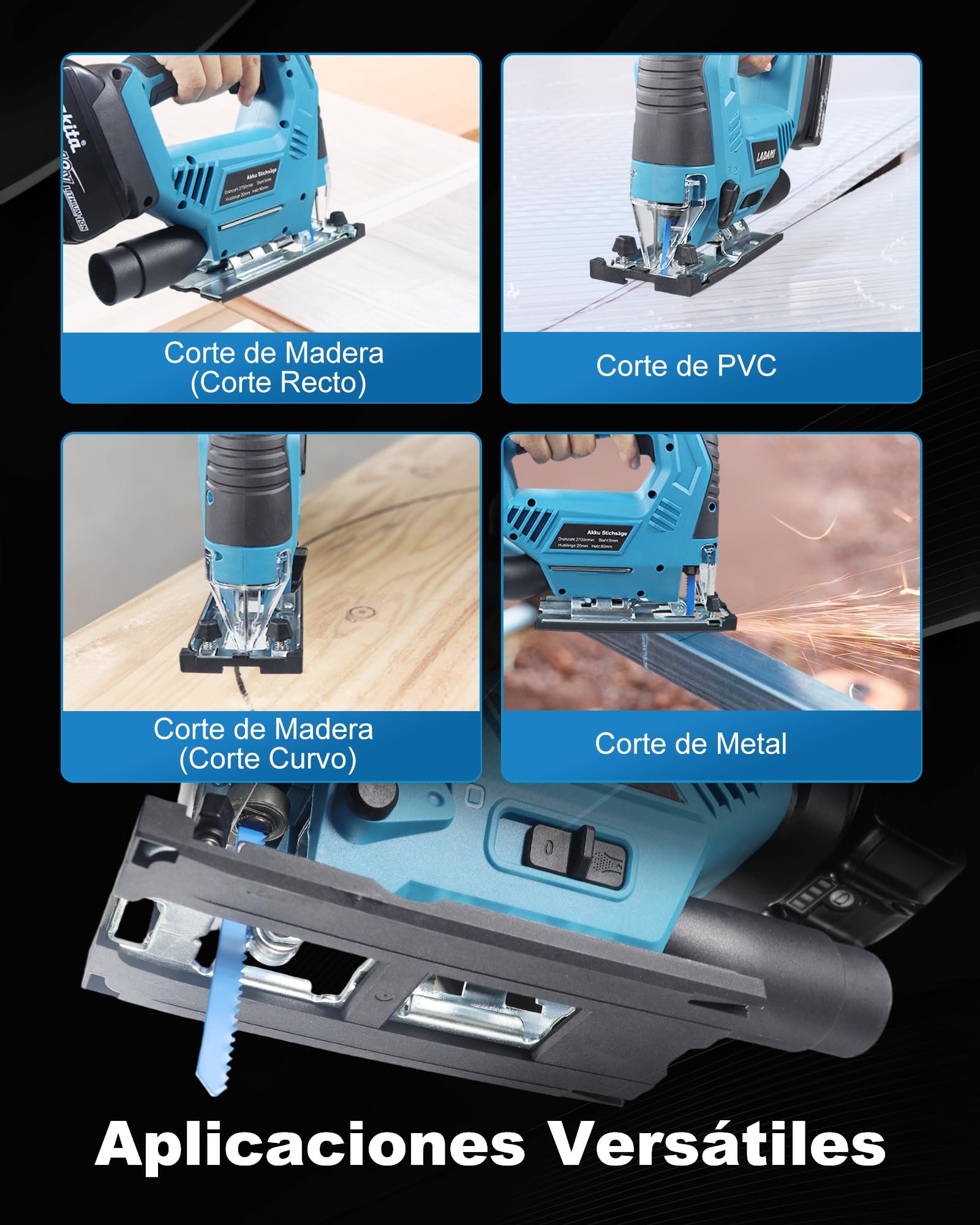 Sierra de calar inalámbrica compatible con Makita, para Einhell, para baterías Bosch, 7 niveles de control de velocidad variable, sierra de calar inalámbrica con hoja de sierra para madera, PVC