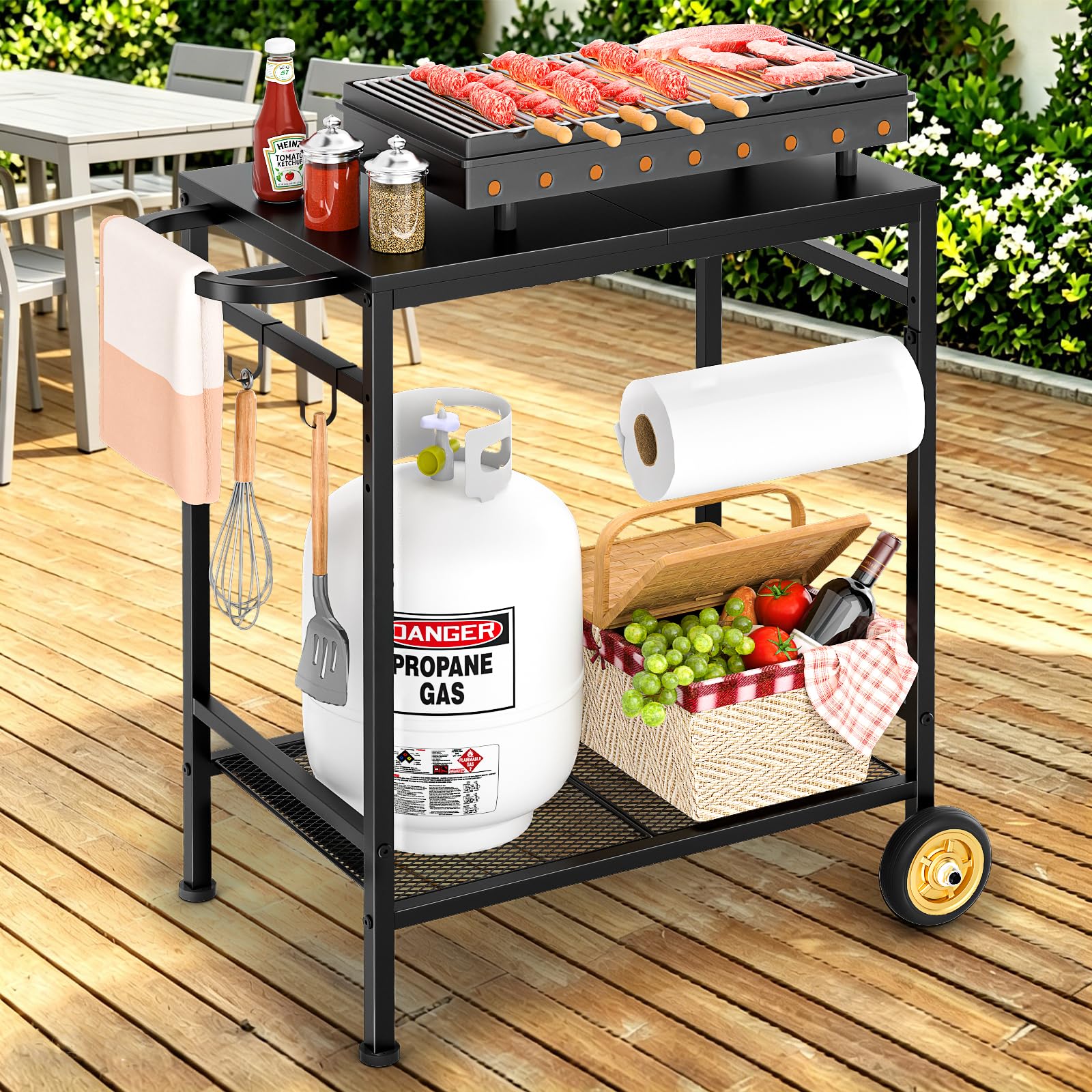 2-Tier Outdoor Grill Table with Wheels, Movable Cooking Food Prep Table for Outside BBQ Gathering, with 23.62" Lx 15.75" W Rust-resistant Tabletop, Griddle Stand for Patio &amp; Backyard &amp; Tools Room