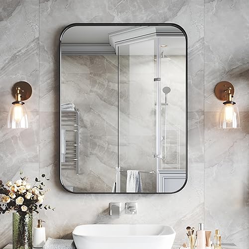 Espejo de baño de 24 x 36 pulgadas para pared, espejo de pared enmarcado de aleación de aluminio negro, espejo rectangular redondeado de tocador de