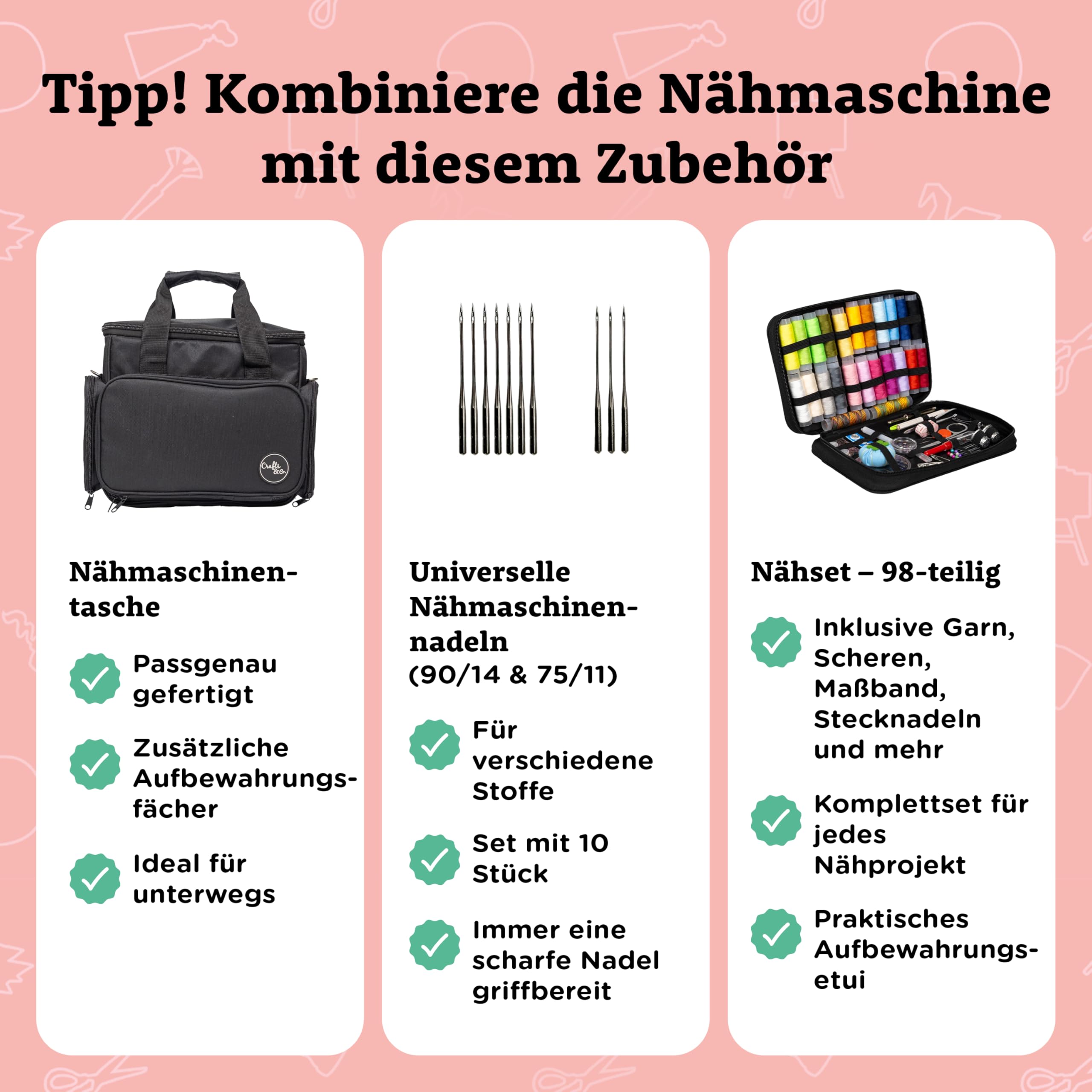 Crafts&Co® Nähmaschine für Anfänger | 28.4x12.3x26cm | Weiß-Lila | Handnähmaschine mit Eingebautem LED-Licht und Fußpedal, 12 Stiche, Mini Nähmaschine, Singer, Pfaff