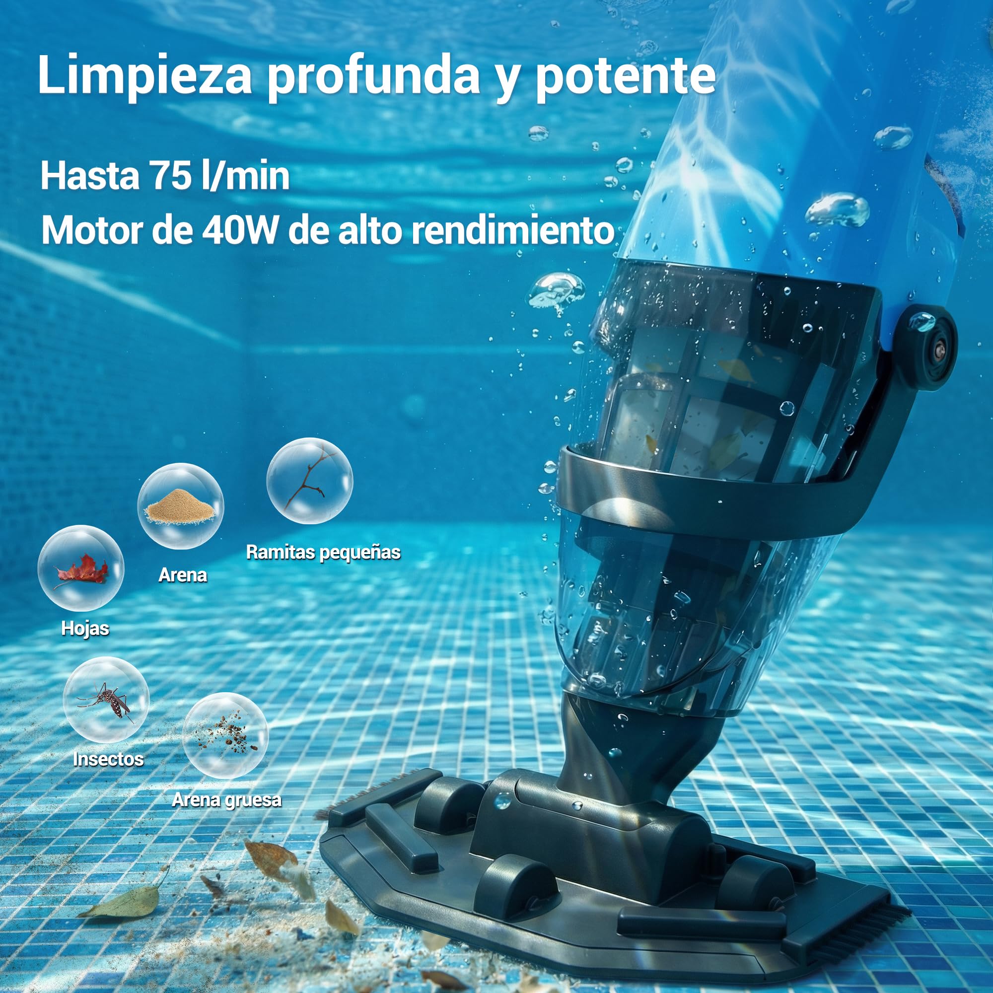 Aspiradora de Piscina Manual Inalámbrica para Piscinas Desmontables y Spas – Limpiador de Piscina Recargable con 60 Minutos de Autonomía, Barra Telescópica y Filtro Fino, Ideal para SPA e Hidromasaje
