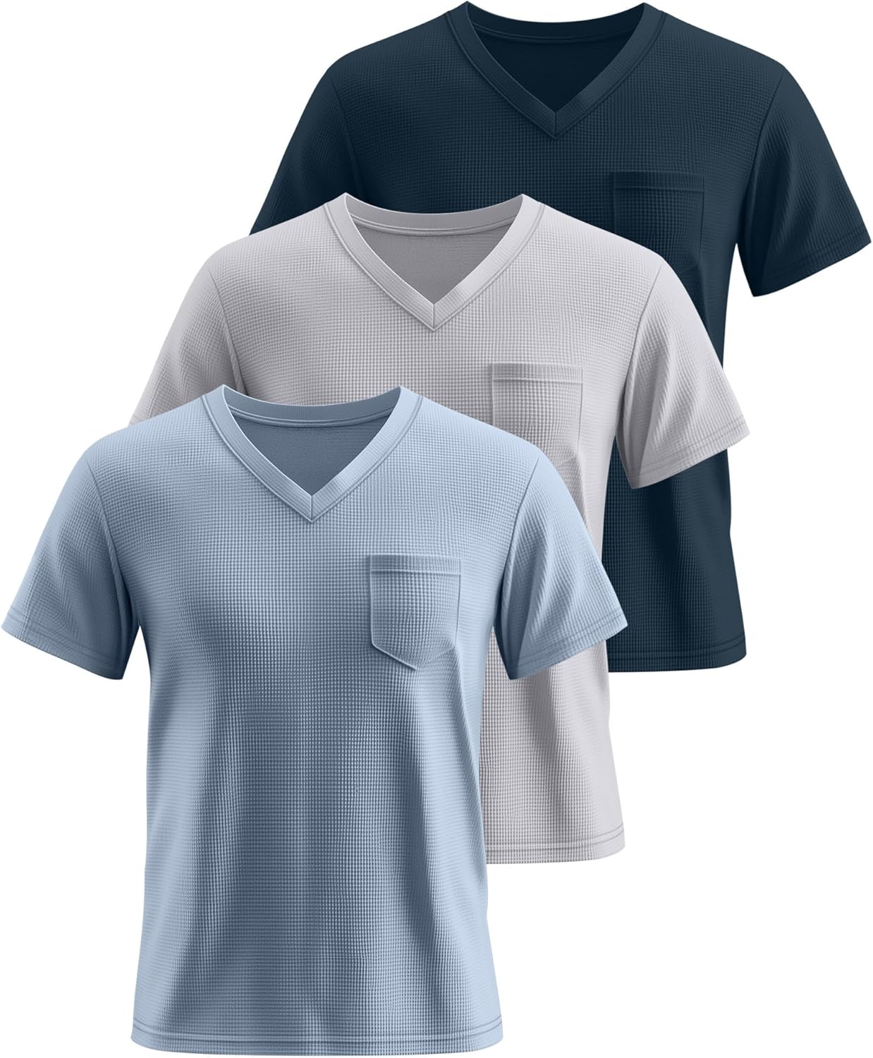Huukeay 3 Pack Men's Waffle Shirts V Neck Tee with Pocket Short Sleeve Textured Knitted Summer Casual Basic Tops - Image 4