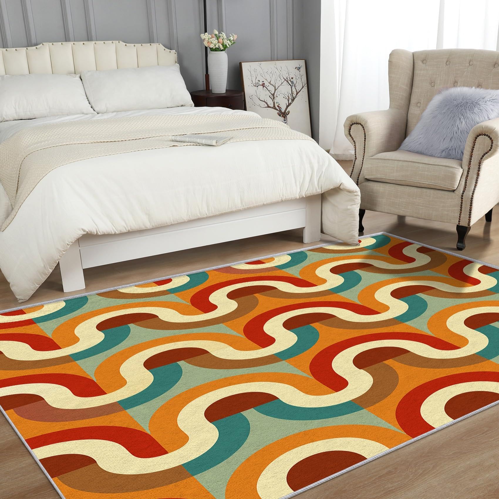 Tappeti per soggiorno retrò in stile anni '70, arancioni, 90x180 cm, onde astratte di metà secolo, anni '70 e '80, lavabili, antiscivolo, morbidi, per camera da letto, cucina, zerbino