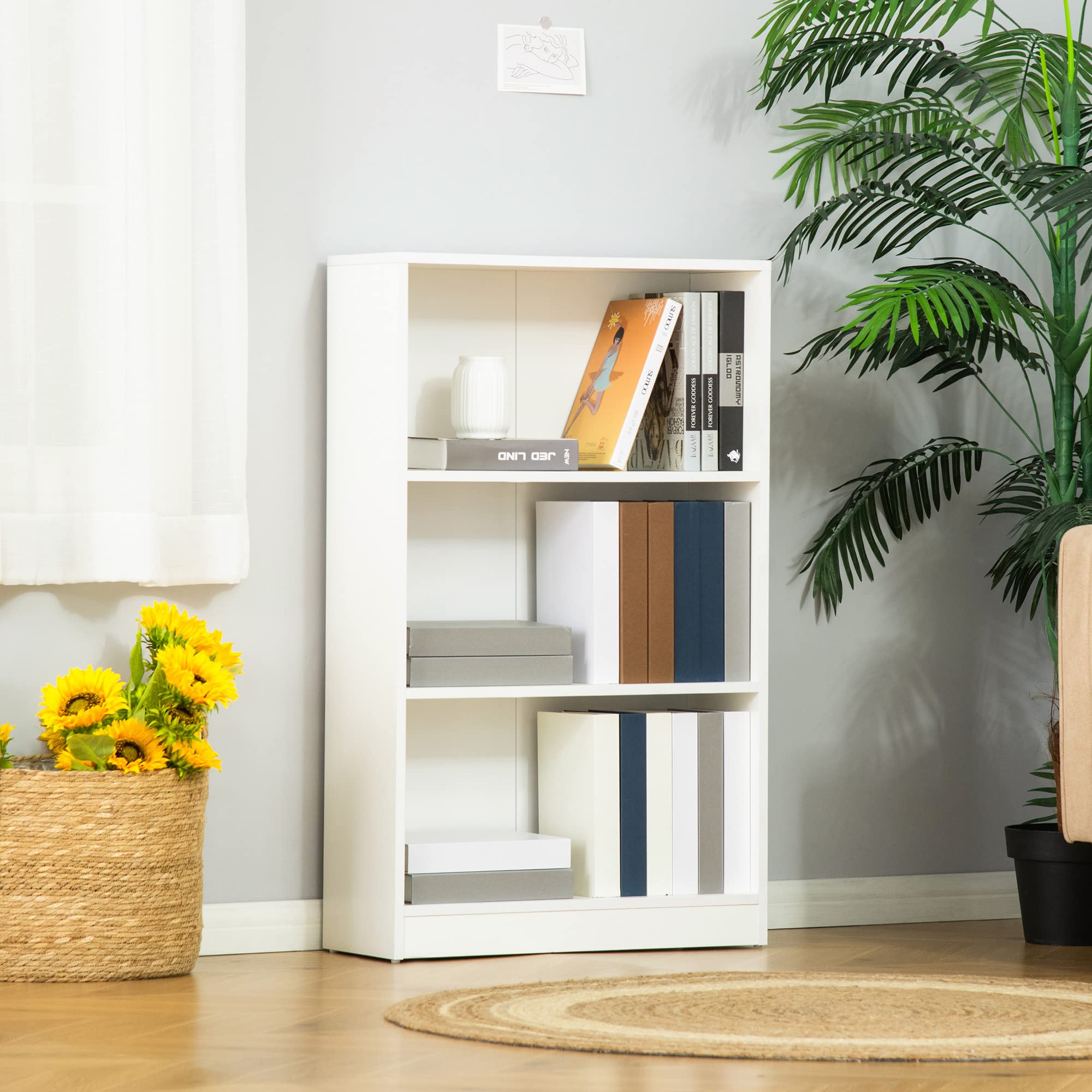 HOMCOM Estantería Librería con 3 Compartimentos 62,2x24x102,4 cm Blanco | Almacenaje, Libros CDs Plantas, Salón Estudio Dormitorio