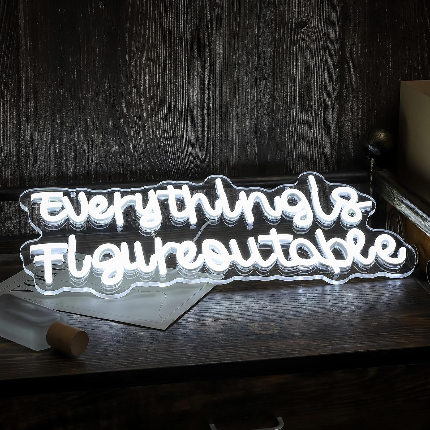 Everything is Figureoutable Neon Sign, Inspirational LED Decorations for Home Office School Room Desk Wall Art Decor,Reusable Acrylic White Neon Lights Gift for Woman, Man
