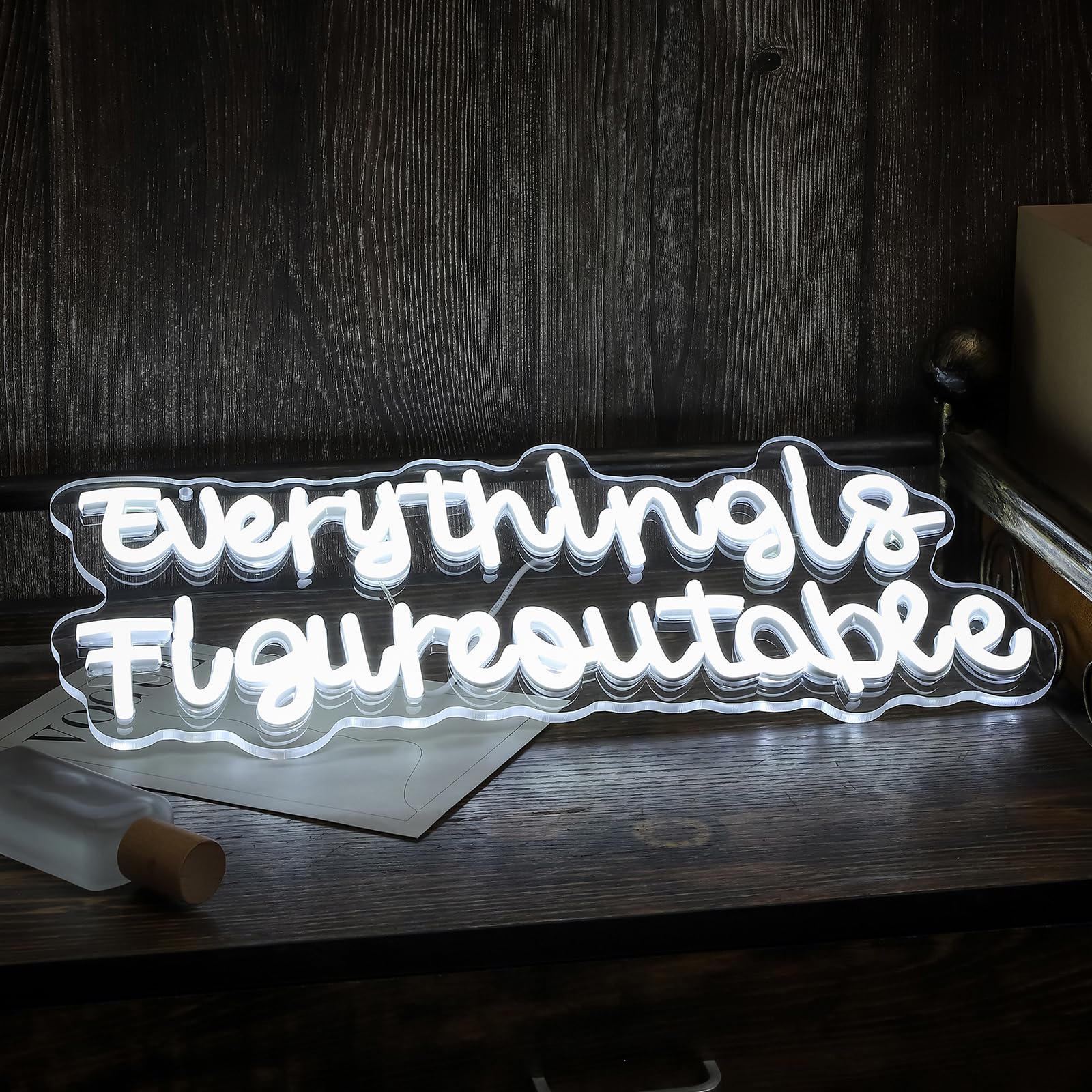 Everything is Figureoutable Neon Sign, Inspirational LED Decorations for Home Office School Room Desk Wall Art Decor,Reusable Acrylic White Neon Lights Gift for Woman, Man