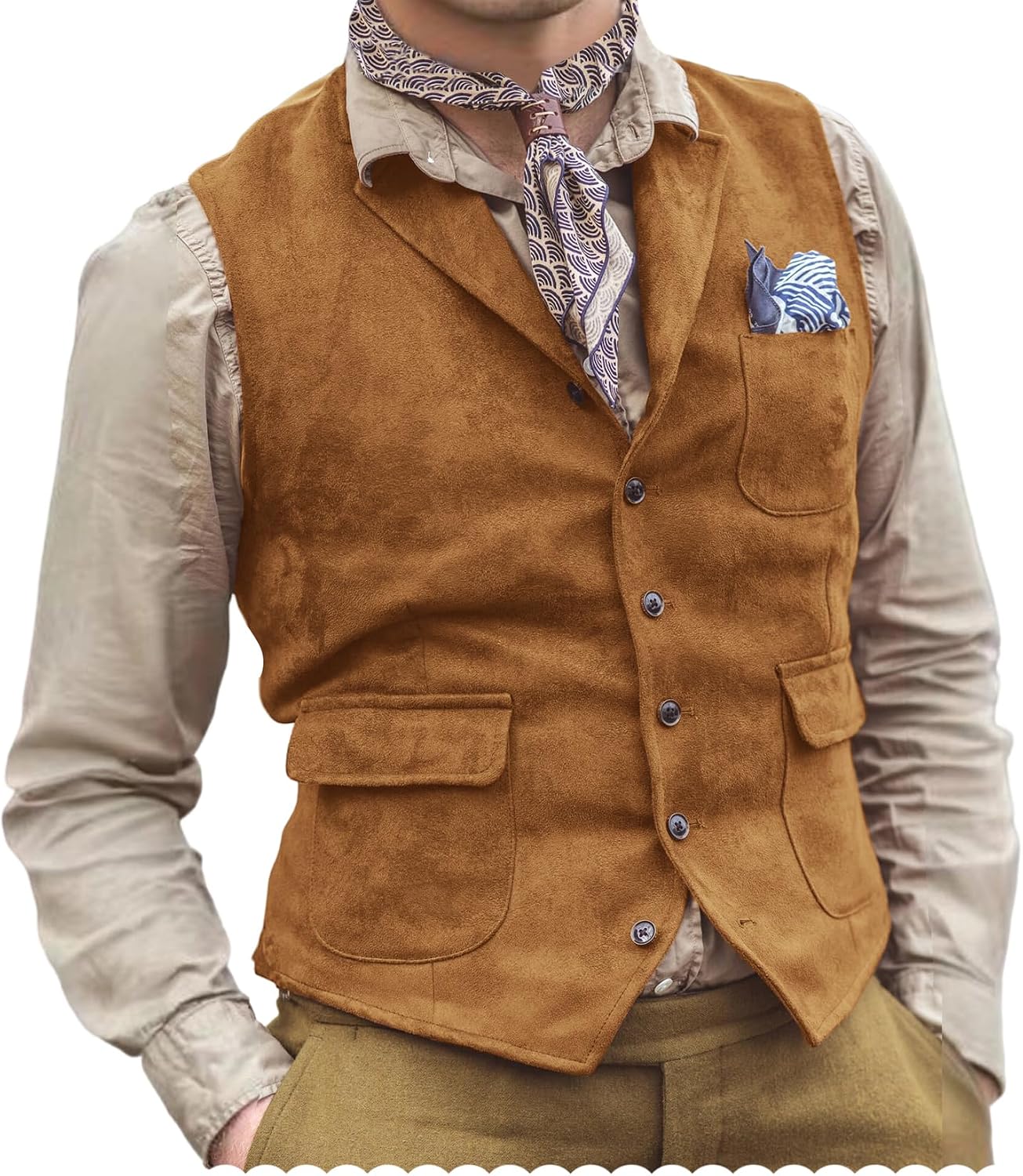 Men's Suede Leather Suit Vest with Lapel Casual Slim Fit Western Waistcoat