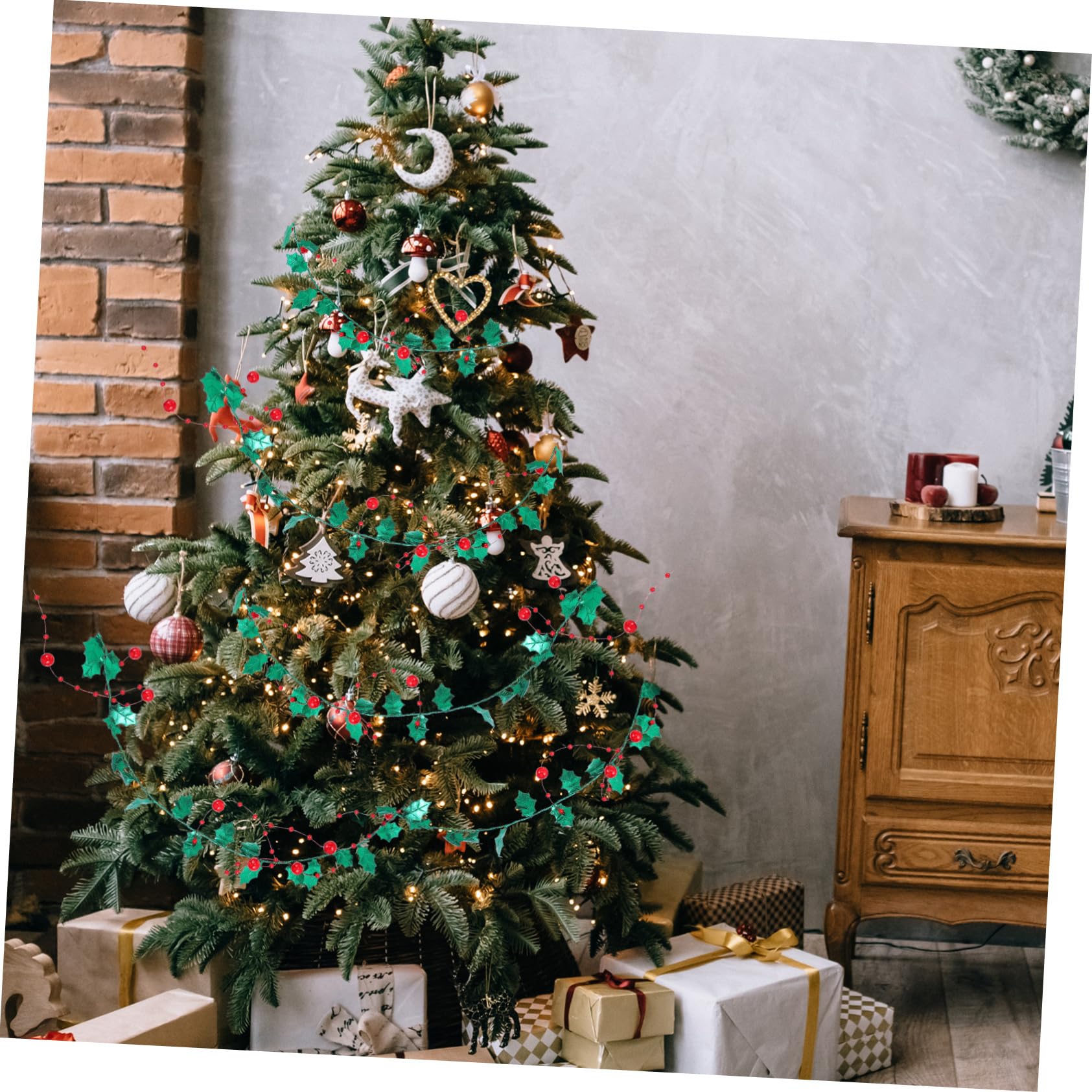 KONTONTY 1Roll Tinsel Garland with Berry Accents Decorative Craft Garland for Wreaths Festive Party Accessory for Indoor and Outdoor Holiday Decor