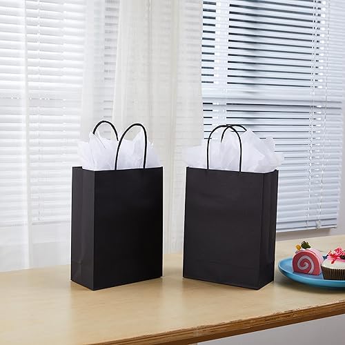 Miniatura 6 de SUNCOLOR Paquete de 24 bolsas de regalo pequeñas negras de 9 pulgadas con asa para Halloween, bolsas de recuerdo de fiesta, bolsas de regalos (negro)