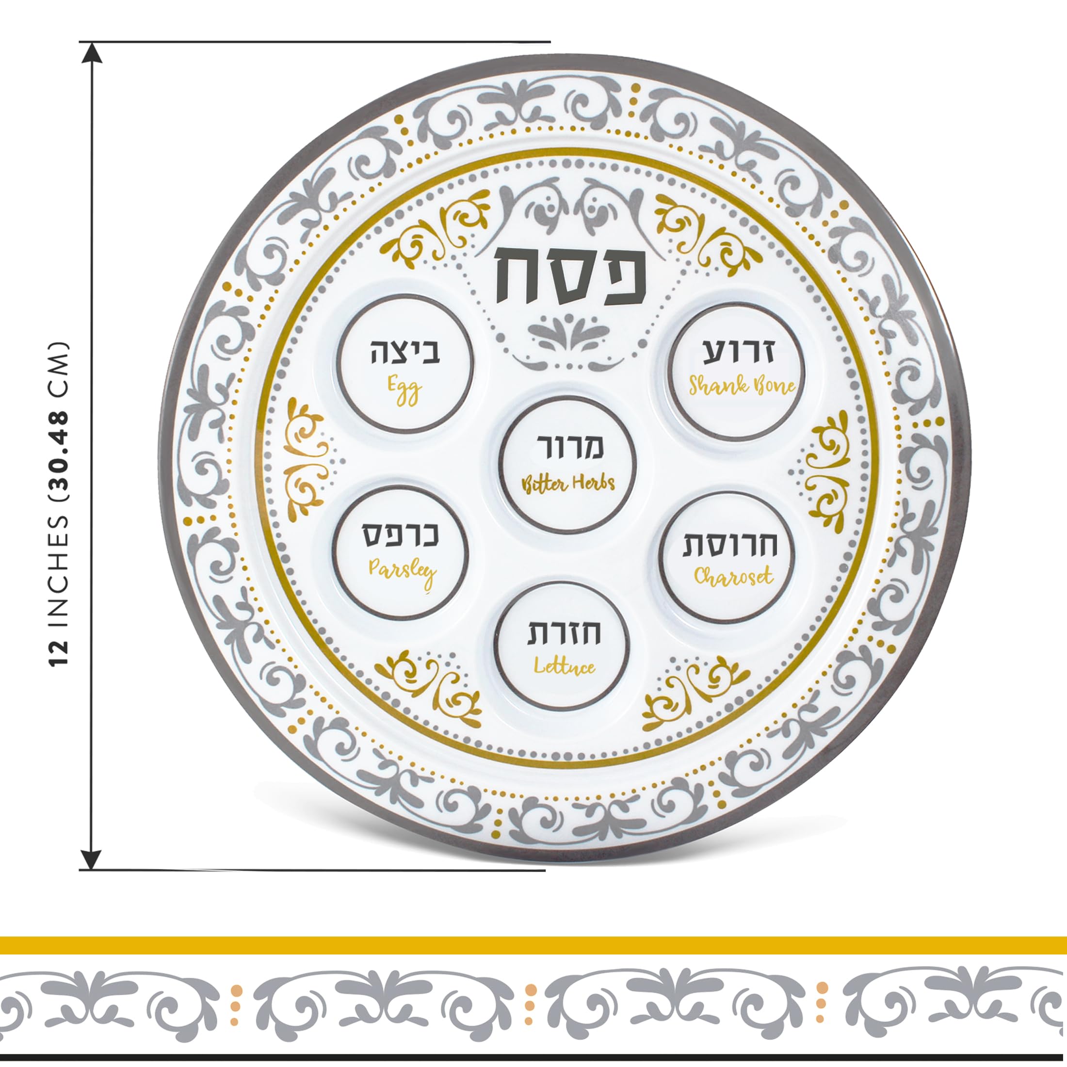 Zion Judaica Renaissance Lot de 3 assiettes rondes en mélamine à 6 sections avec motifs floraux dorés et argentés 30,5 cm