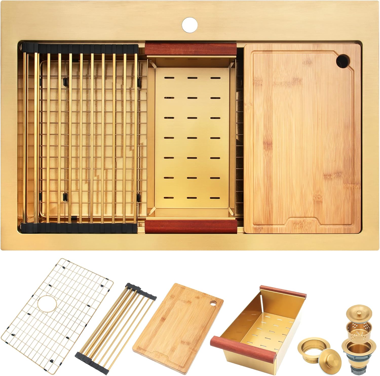 MONSINTA Gold Kitchen Sink, 33” x 22” Drop In Kitchen Sink, Single Bowl