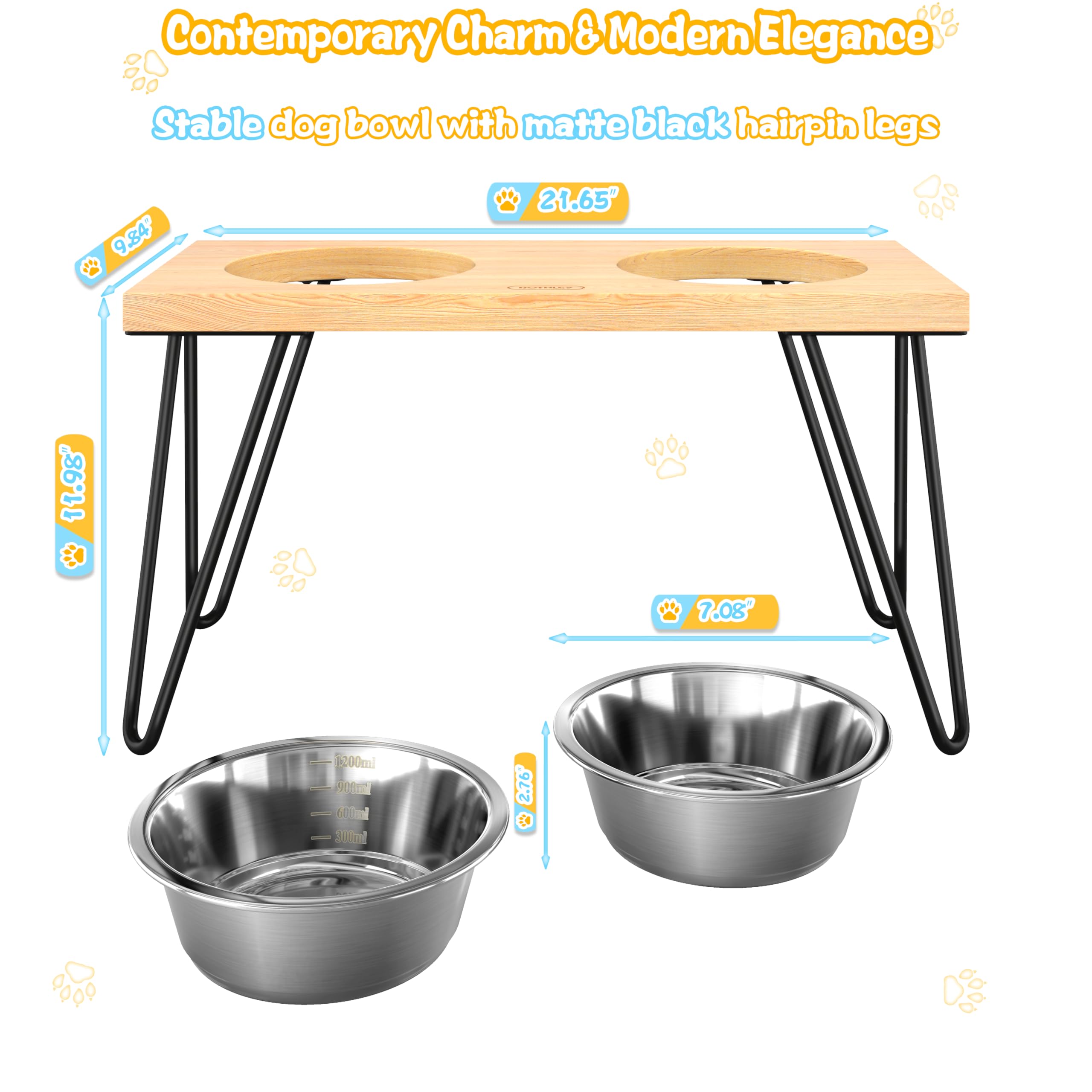 ROTHLEY Soporte Elevado para Cuencos para Perros con 2 Cuencos de Acero Inoxidable de 12 Pulgadas de Altura, Soporte de Madera para Perros con Soporte, Platos para Perros Grandes, comedero Elevado