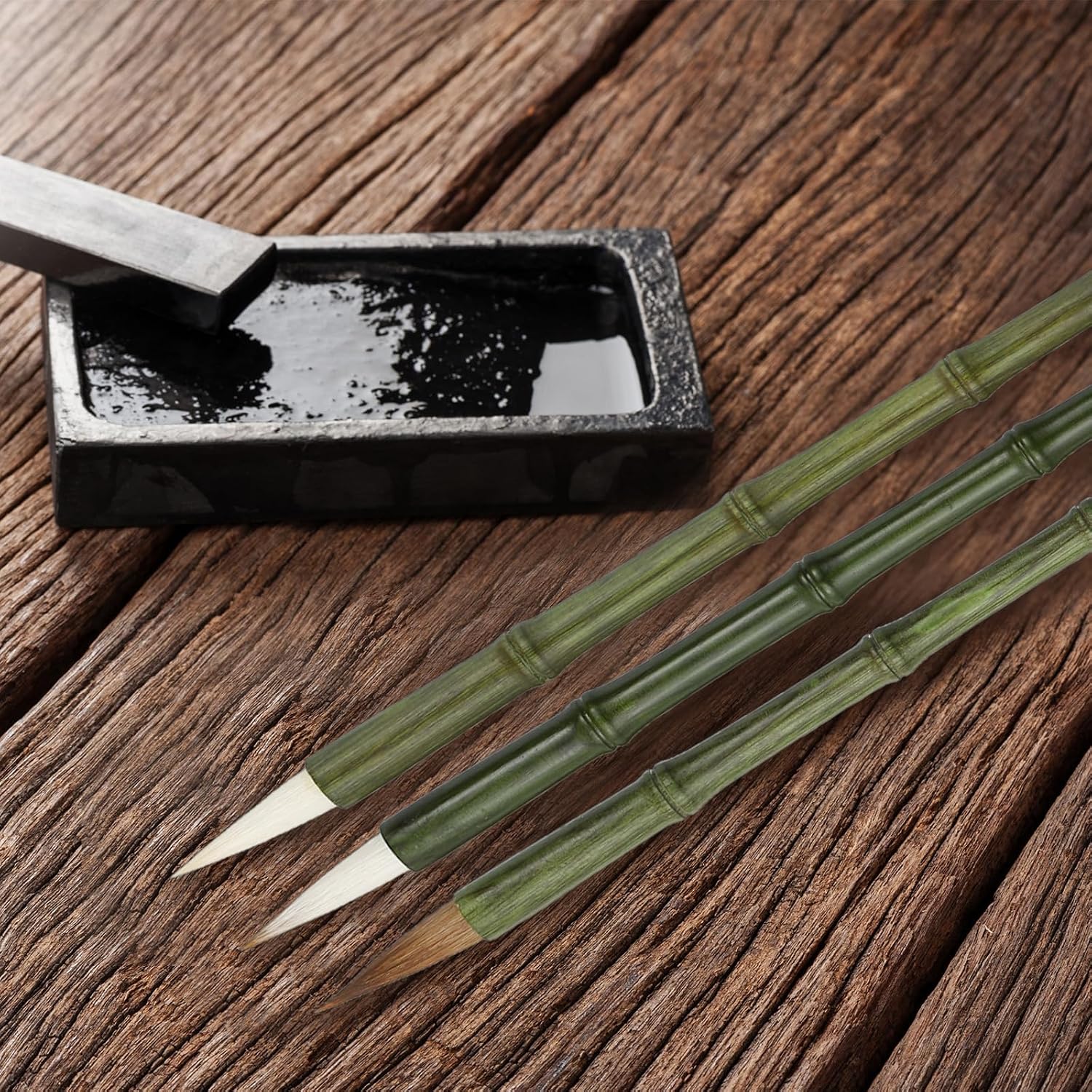 PATIKIL Calligraphy Brush, 4 Pack Watercolor Ink Painting Calligraphy Writing Brush Drawing Art Sumi-e Brush Wood Handle for Beginner 4 Size Kit, Brown White