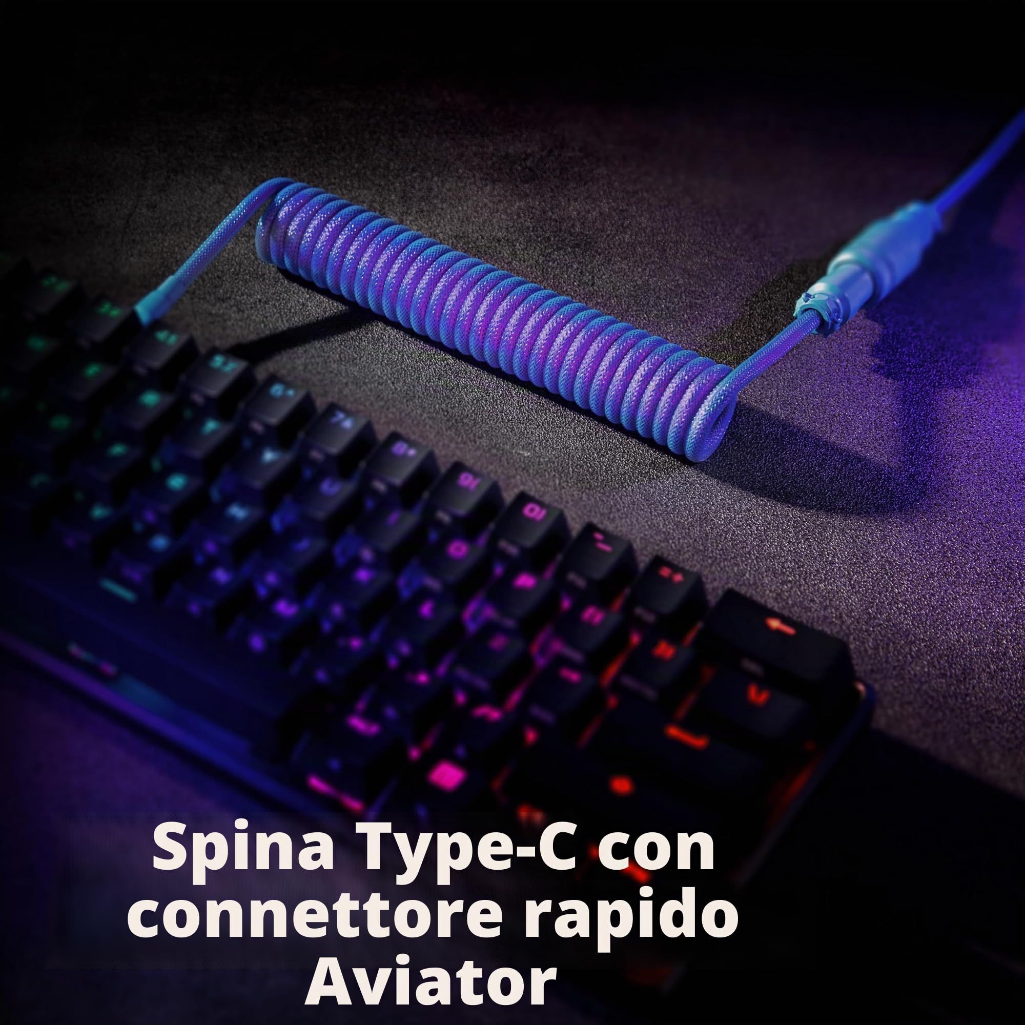 GUNMJO Pro Custom Cavo USB C a spirale per tastiera da gioco, cavo per tastiera meccanica a doppia manica con Aviator in metallo staccabile, da USB-C a USB-A, 1,5 m, colore nebulosa