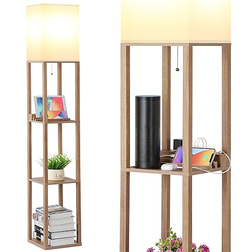 SHINE HAI Shelf Lamp, Modern Standing Light with 1 USB Port and 1 Type C Port and 1 Power Outlet, 3-Tiered Display Floor Lamps with Shelves for Living Room, Bedroom and Office - Wood - Wood
