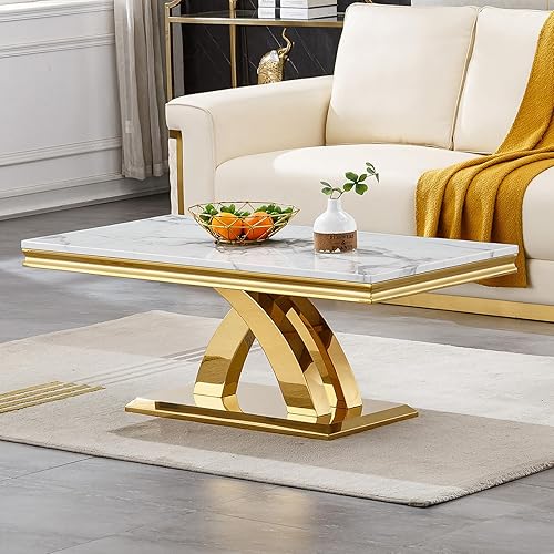 Vista 36 de Henf Mesa consola de mármol sintético, mesa de entrada de mármol blanco de lujo con base de acero inoxidable con espejo dorado, elegante mesa