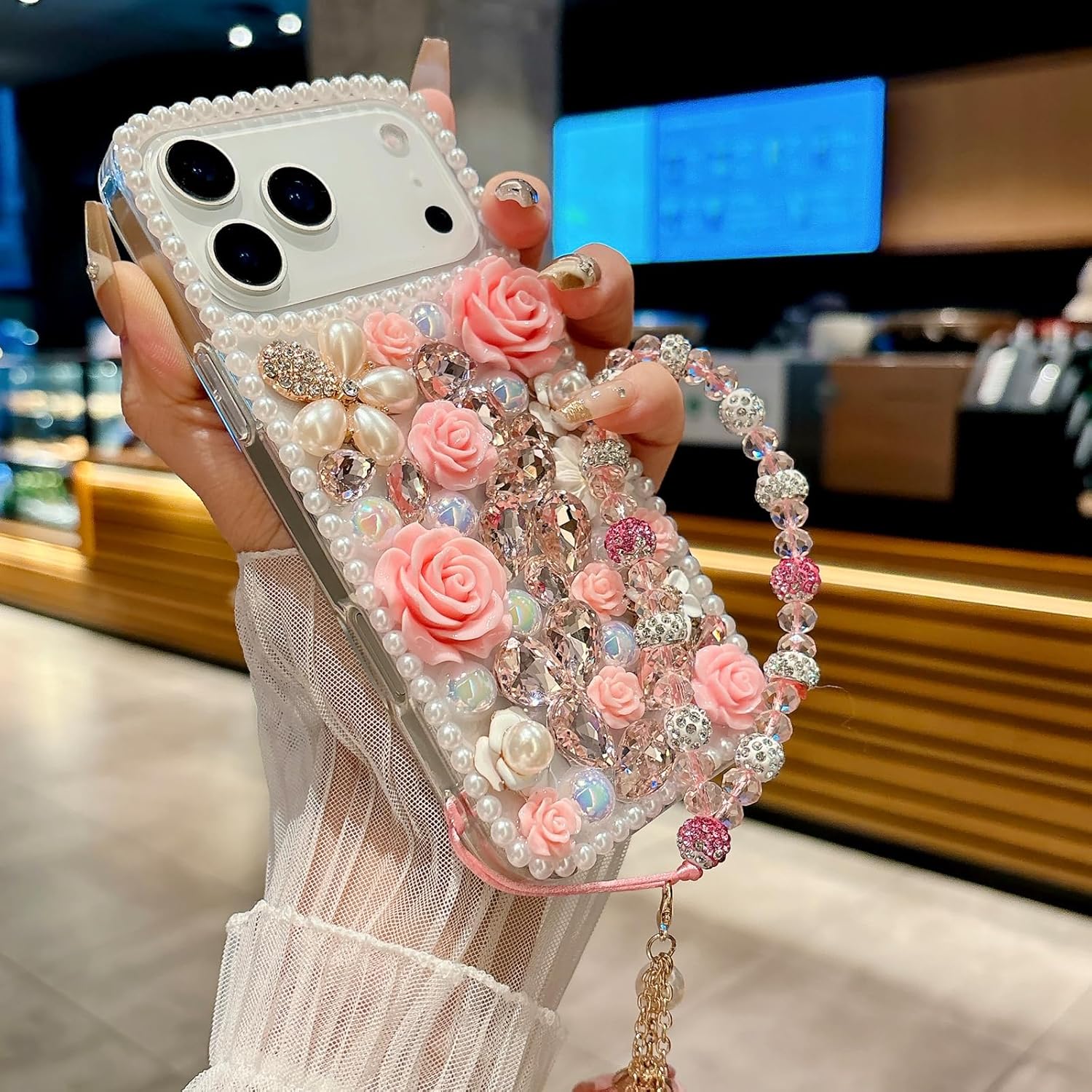 for iPhone 17 Pro Max Glitter Bling Case,Cute Luxury 3D Sparkle Crystal Rhinestones Flowers Diamond Pearl Gems with Lanyard Wrist Strap Women Girls Phone Case for iPhone 17 Pro Max 6.9", Pink - Image 5