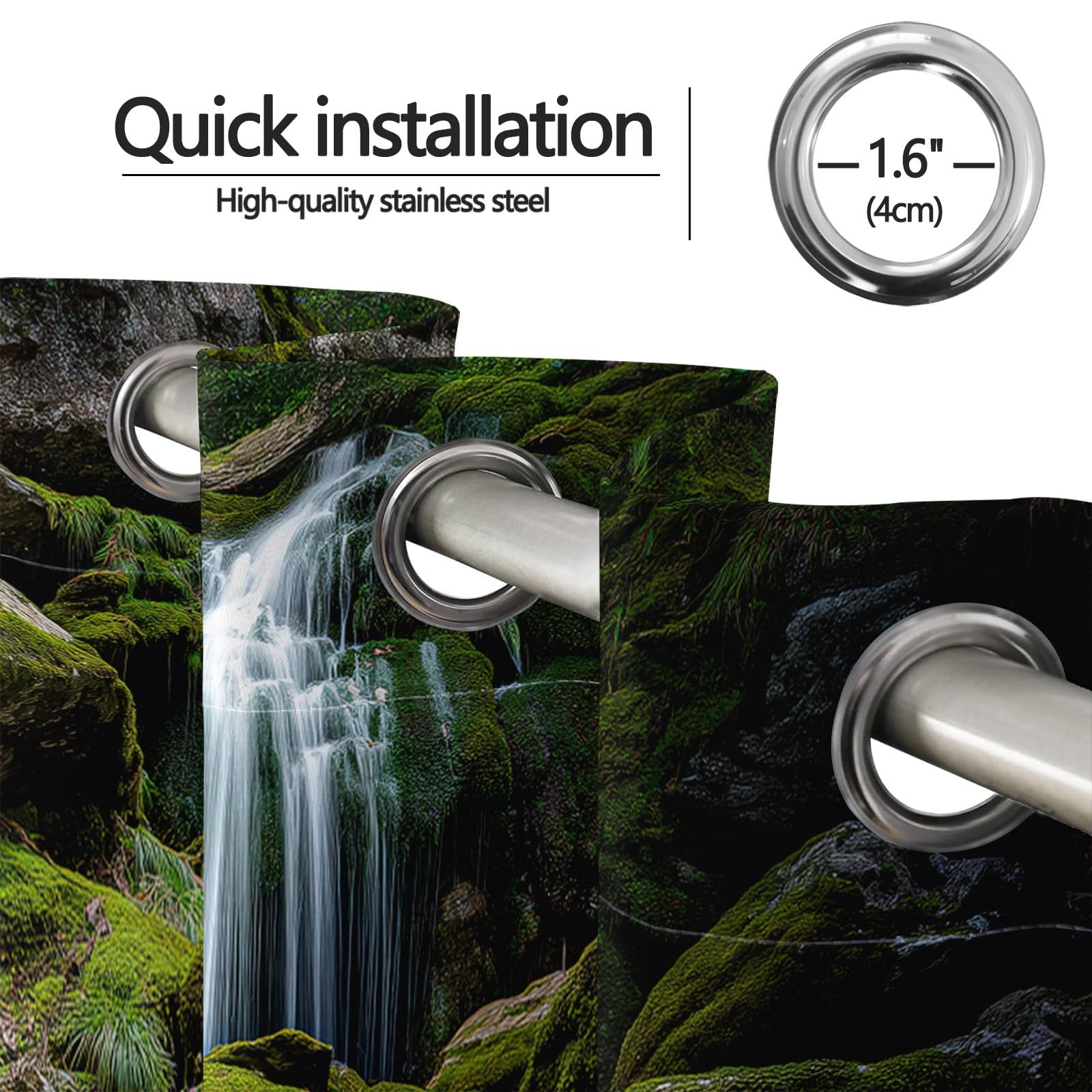 Kräuselband Gardinen Grün Blickdicht 2er Set H183×B117 cm, Natur Wald Moos Wasserfall Verdunklungsgardine mit ösen, Thermovorhang Hitzeschutz Vorhänge für Wohnzimmer & Schlafzimmer