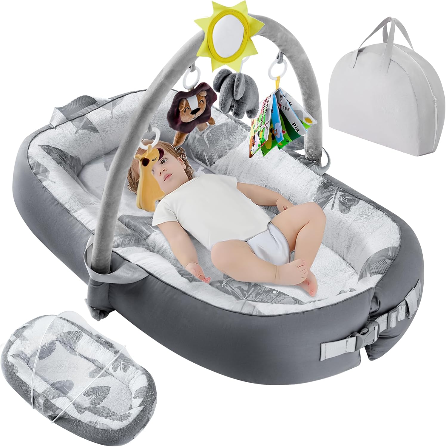 Portable Baby Lounger for Travel,Breathable & Comfortable 100% Cotton Infant Lounger, Baby Nest 0-24 Months Machine-Washable Newborn Lounger,Newborn Essentials (Gray, Baby Lounger with Toys) Grey Baby Lounger With Toys