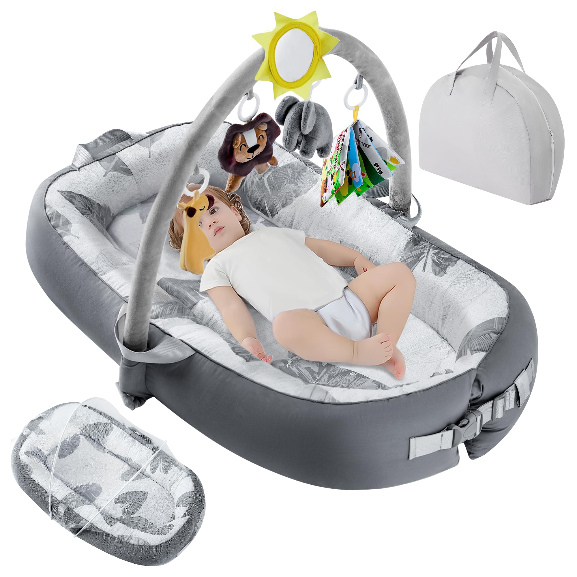 Tumbona portátil para bebé para viajes, transpirable, cómoda, 100 % algodón, nido para bebé de 0 a 24 meses, lavable a máquina, para recién nacidos, elementos esenciales para recién nacidos, color gris