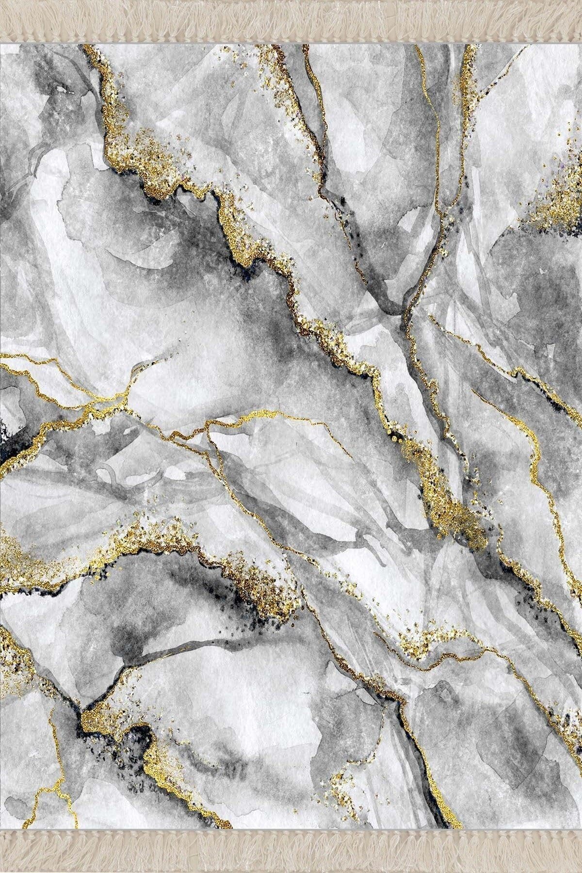 On The Clouds Gold Detaylı Gri Mermer Desenli Dijital Baskı Yıkanabilir Kaymaz Taban Salon Halı ve Yolluk MEG232, 180 x 250