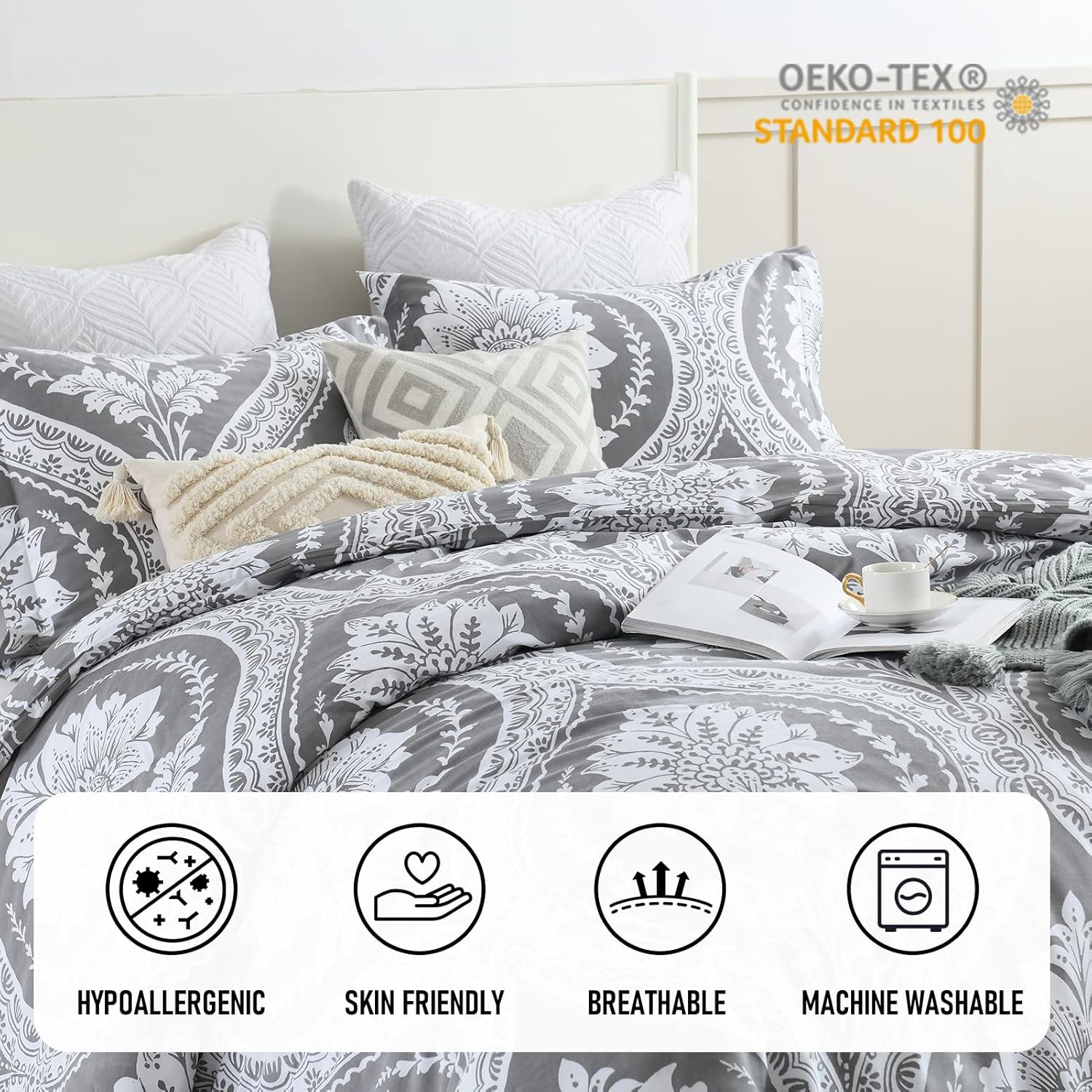 PERHOM Grey Duvet Cover King - 3 Pieces Paisley Damask Duvet Cover King Size, 100% Cotton Duvet Cover Set, Ultra Soft Breathable Bedding Duvet Covers for All Season, 104"x90", No Comforter