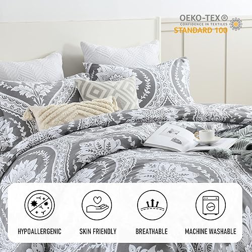 Vista 94 de PERHOM Funda de edredón azul Queen – Funda de edredón de damasco de cachemira tamaño Queen, juego de funda de edredón de 3 piezas, 100% algodón