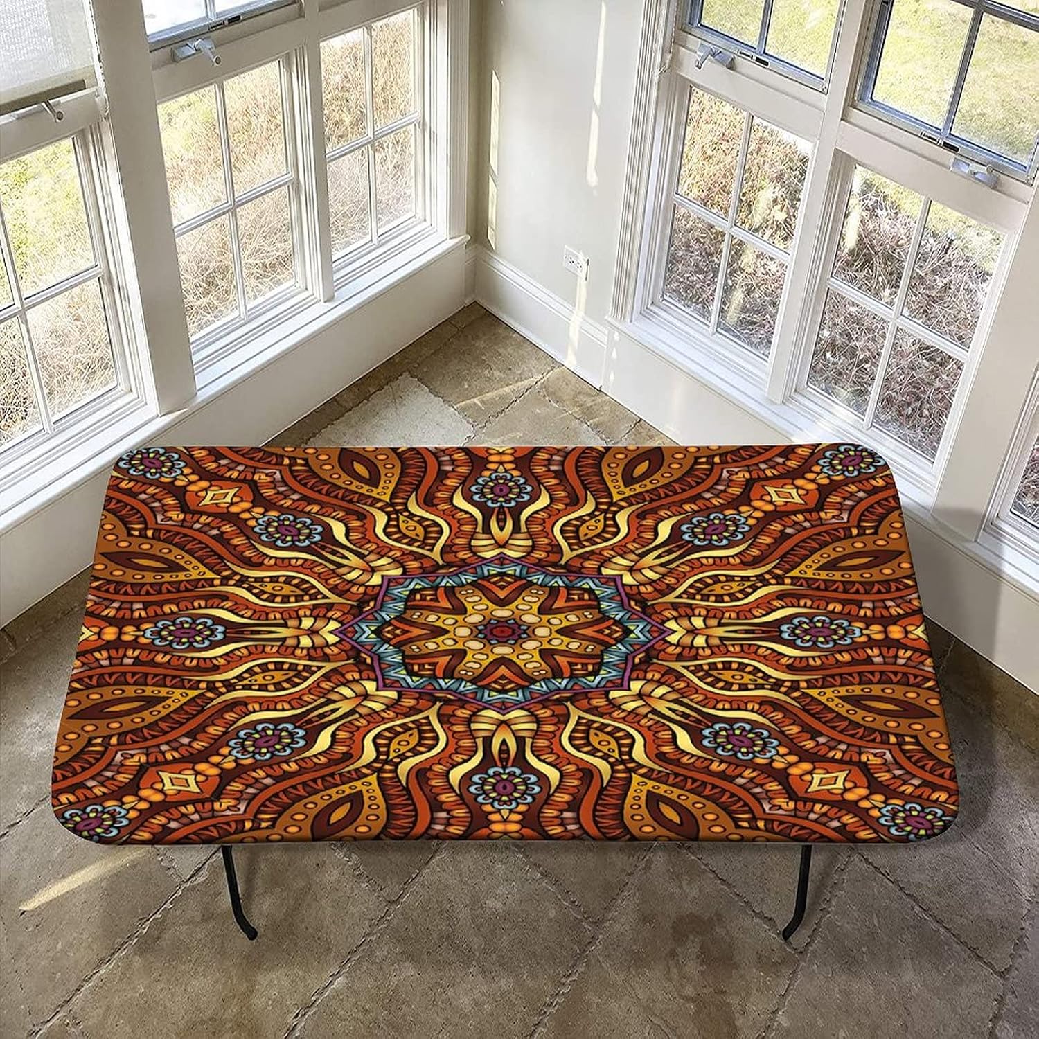 Mandala Elastic Fitted Tablecloth, 30"×60" Rectangle Table Cover for 5FT Folding Table,Mosaic Like Kaleidoscope Design Floral Swirls Print Polyester Table Cloth, for Outdoor Picnic Camping Parties