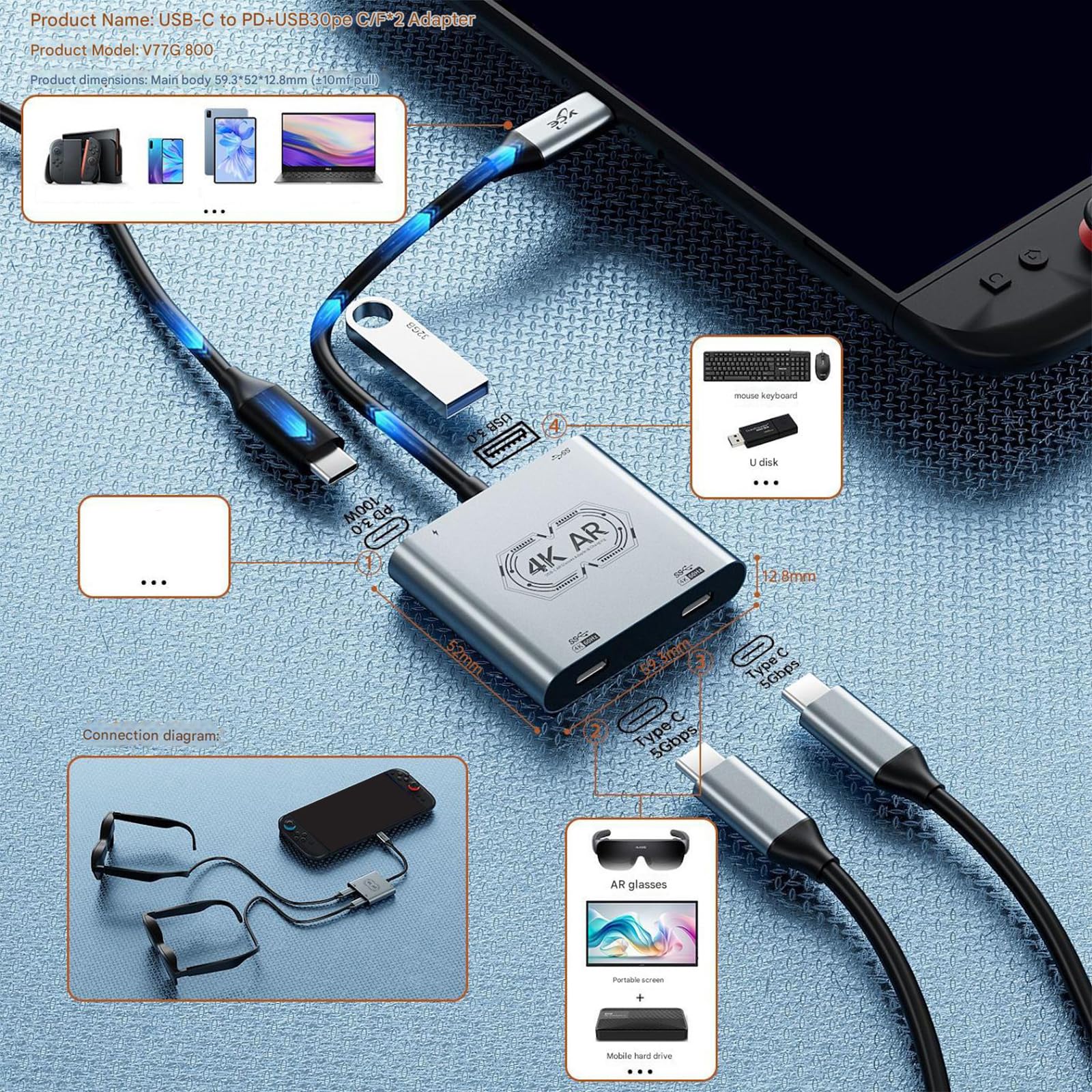 XAGMODSHN Adattatore Multiporta USB C Doppio Tipo Ricarica Trasferimento Dati 5 Gbps Lega Alluminio per Console Laptop Telefoni Dock USB Multifunzione per Dispositivi AR