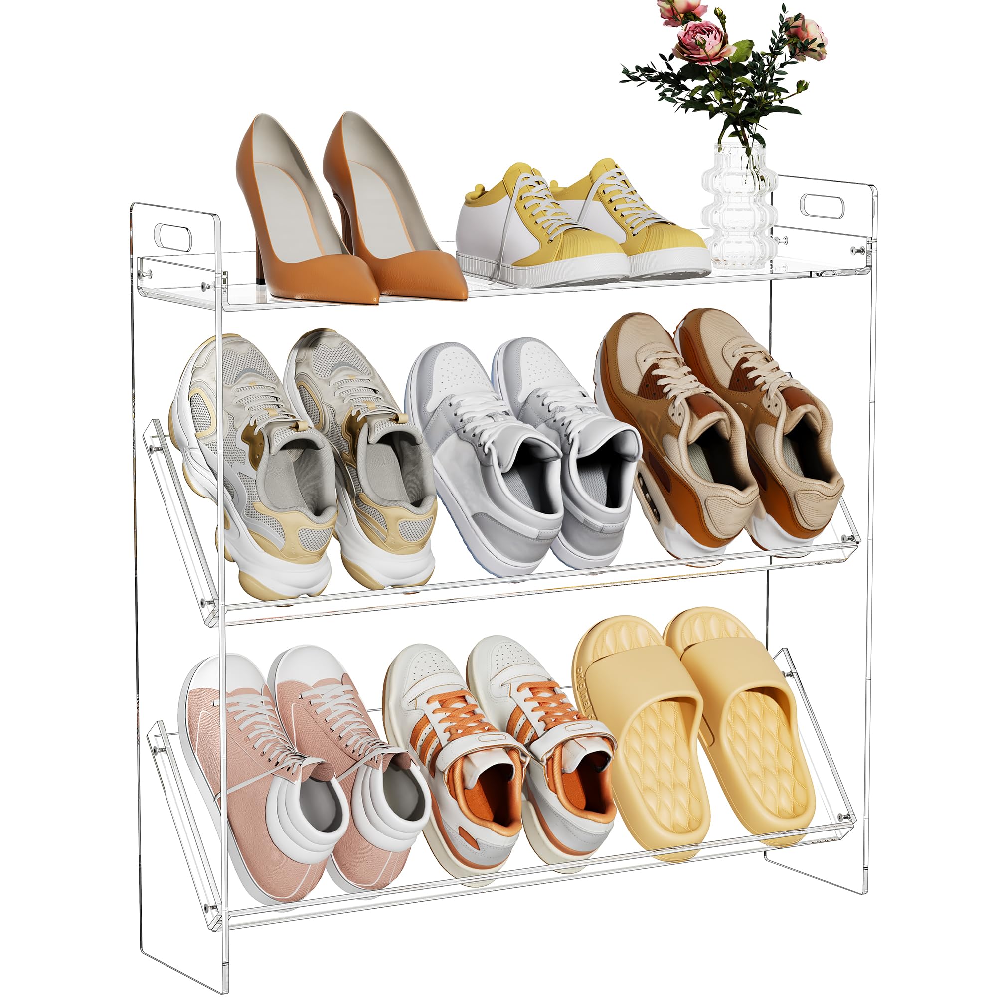 Étagère à chaussures en acrylique pour placard compact à 3 niveaux
