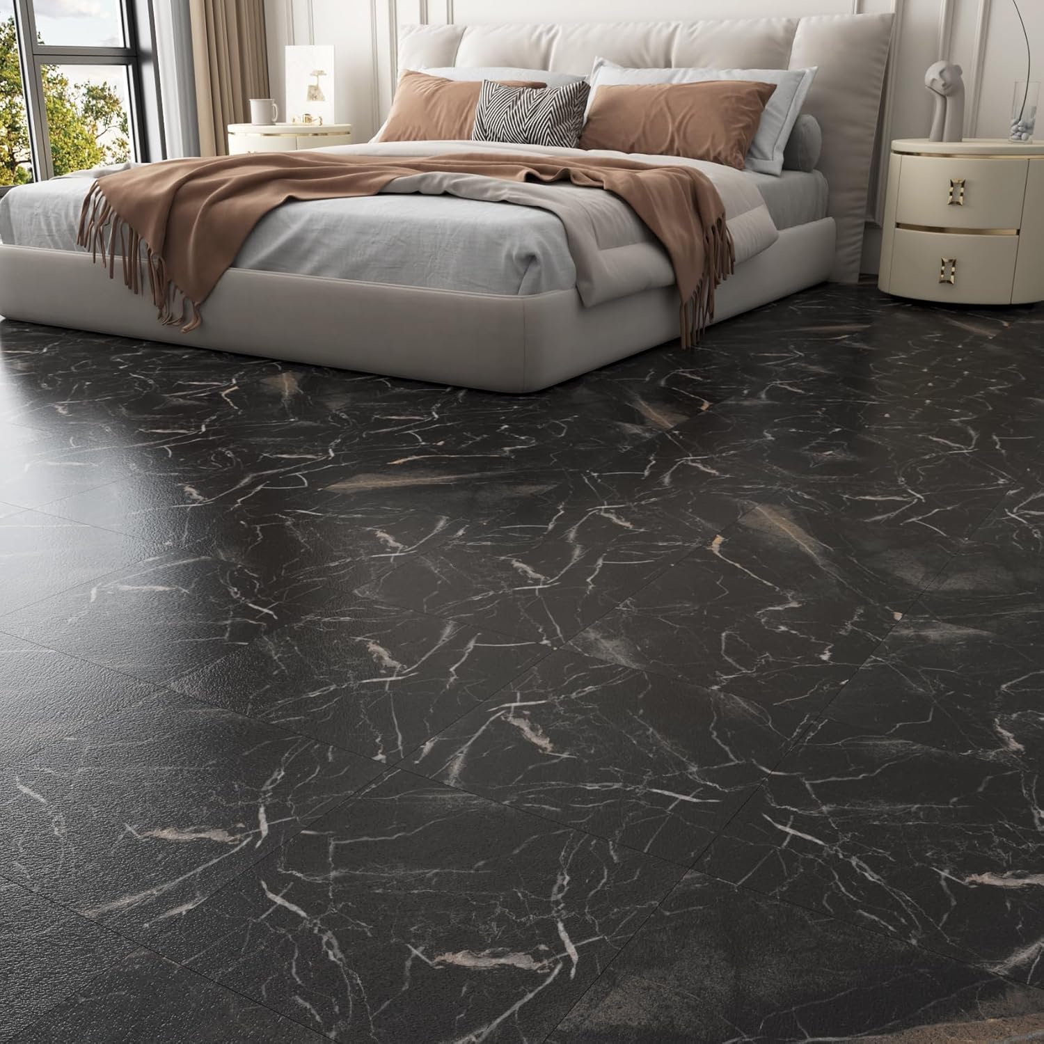Decotalk 30-Sheet Peel and Stick Flooring Tile Floor Black Floor Tile for Bathroom Kitchen 12x12 Inch Black Marble Tile Floor Shower Floor Tile Self Adhesive Floor Tile Vinyl Peel and Stick Floor Tile