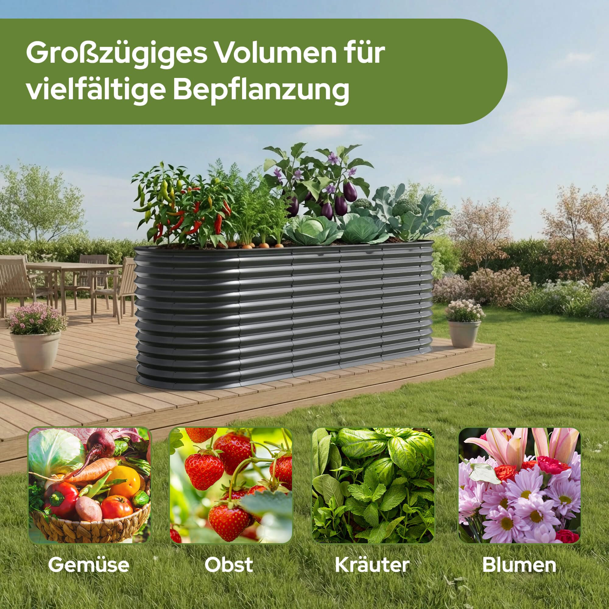 Arebos Hochbeet oval Metall 160x80x78 cm Anthrazit | Gartenbeet verzinkter Stahl rostfrei mit Gummikante 780 L, Stabil mit Querstreben | Gemüsebeet ideal für den Garten | für Gemüse, Kräuter & Blumen