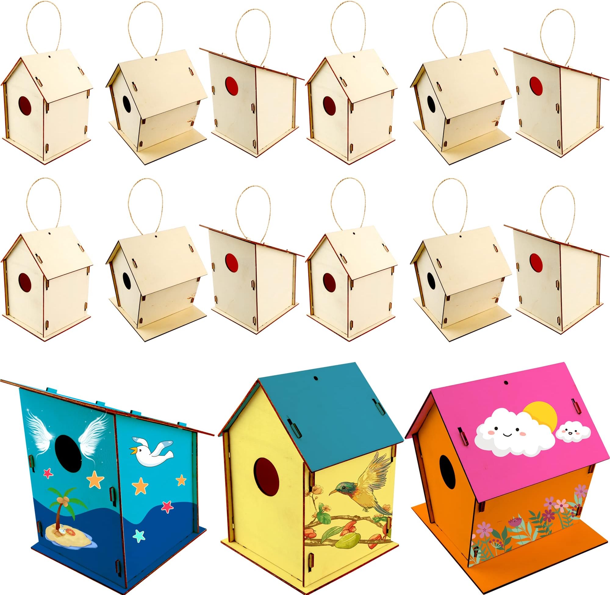 Cagemoga 15 Pack Wooden Birdhouses DIY Paint Wooden Hanging Bird House Kit for Kids Creative Bird Lover Protector Country Cottage Bird Woodland Cabin