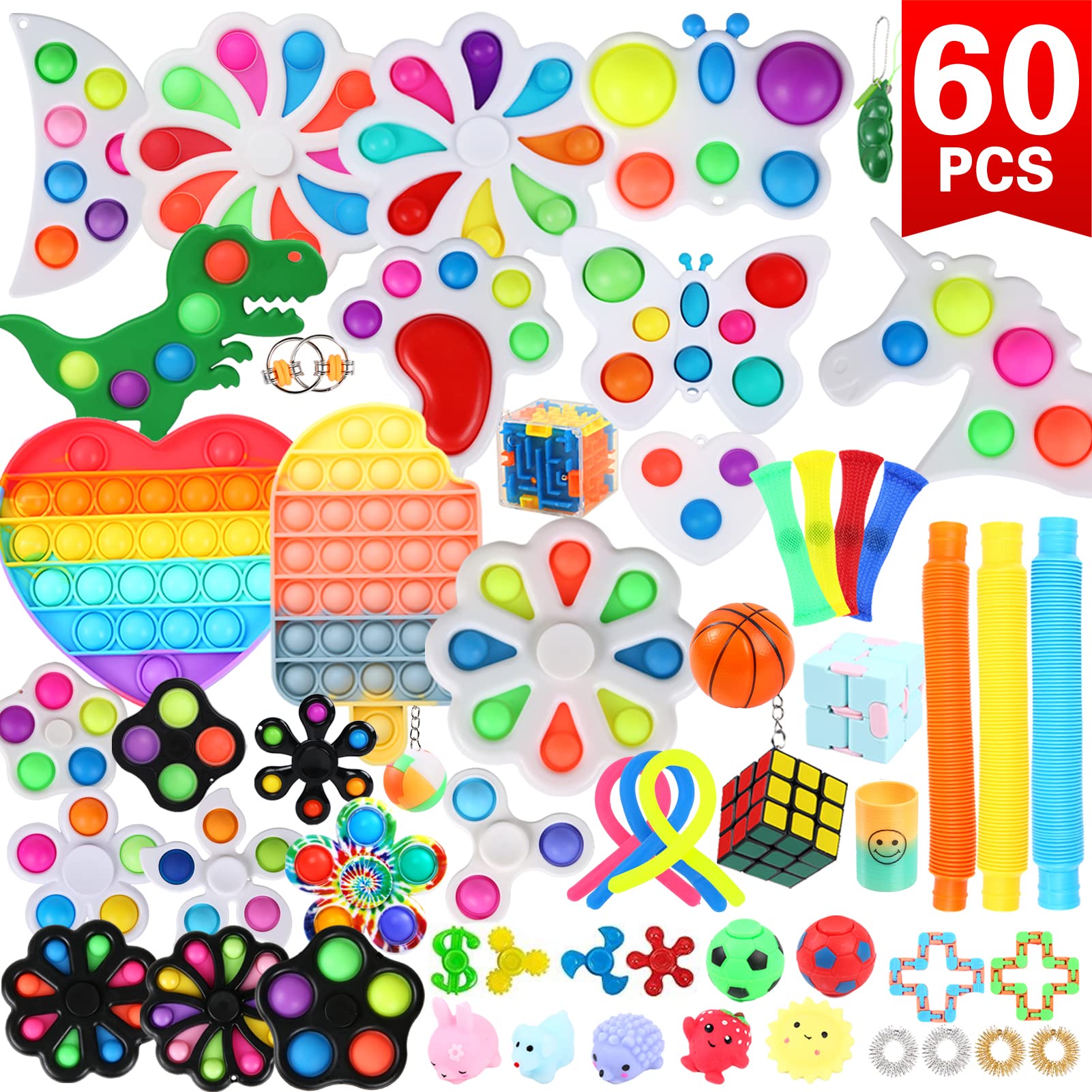 60 pcs Fidget Toys Set, Party Favors for Kids 8-12 Sensory Toys for Autistic Children Stress Relief Bulk Pack Pop Fidgets for Treasure Box Classroom Prize Carnival Goodie Bag Fillers Birthday Gift