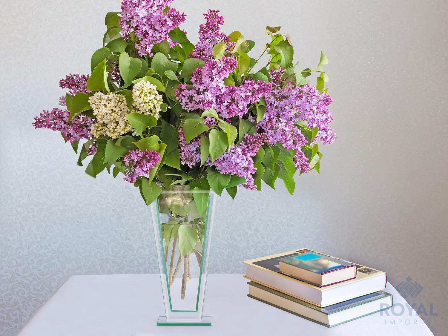 Flower Glass Vase Decorative Centerpiece for Home or Wedding by Royal Imports - Tall Tapered Clear Trim Plate Glass with Base, (5" W, 2" Opening) 13.5" Tall