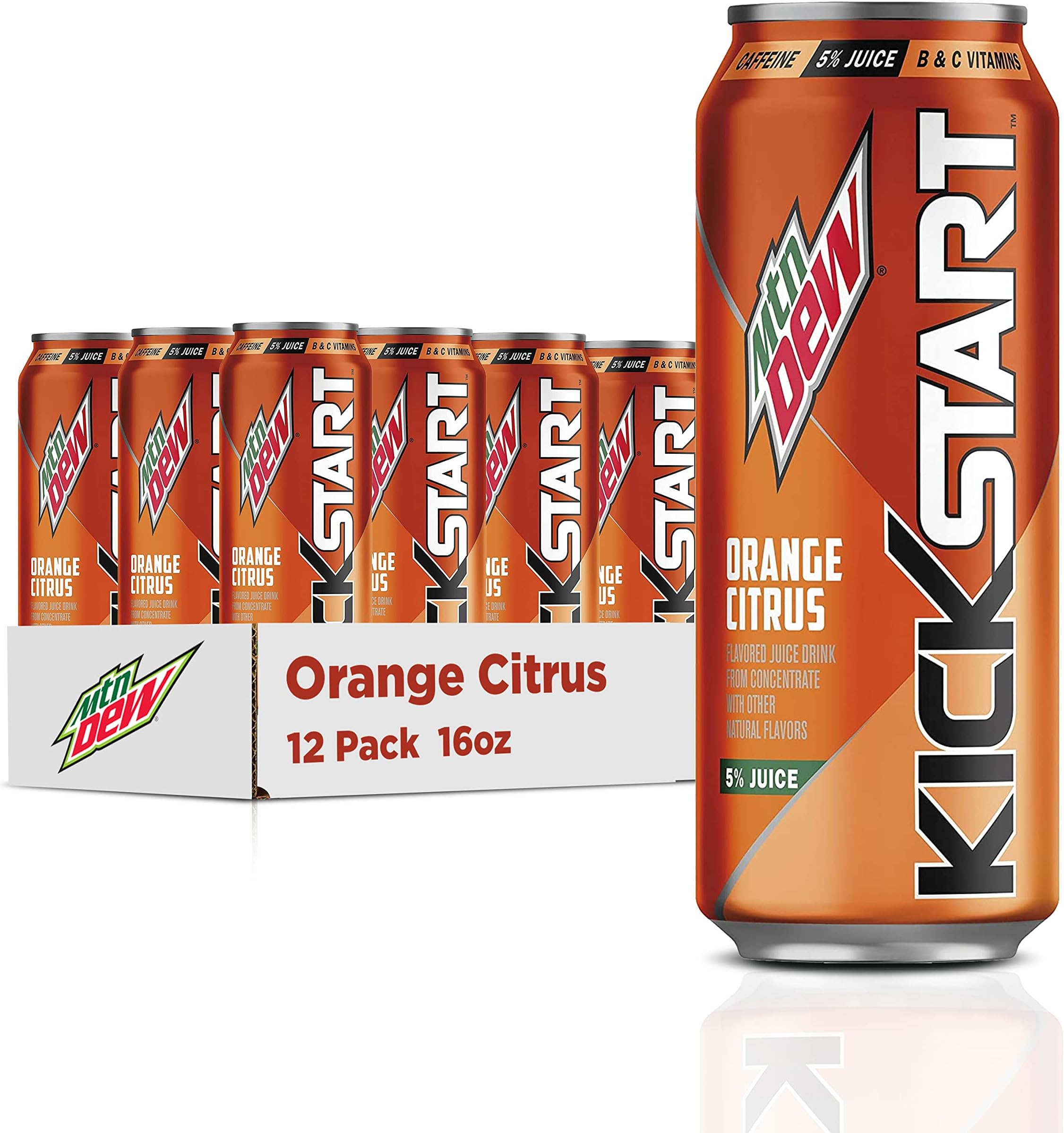 Mountain Dew Kickstart, Orange Citrus, 92mg Caffeine, Vitamins B & C, 80 Calories, 5% Juice, 16 Fl Oz (Pack of 12)