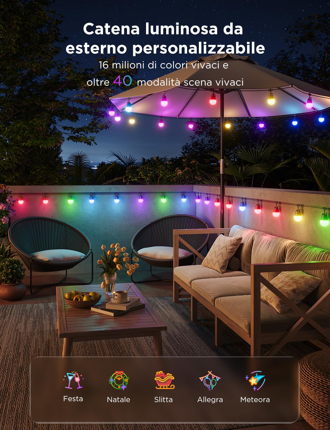 Govee Luci Esterne Intelligenti 2, Giardino LED Luci da Esterno RGBICW 30M | IP65, 100lm per Luce, 47 Scena e 16 Milioni di Colori, App Intelligente e Controllo Vocale, Durata di vita di 25000h