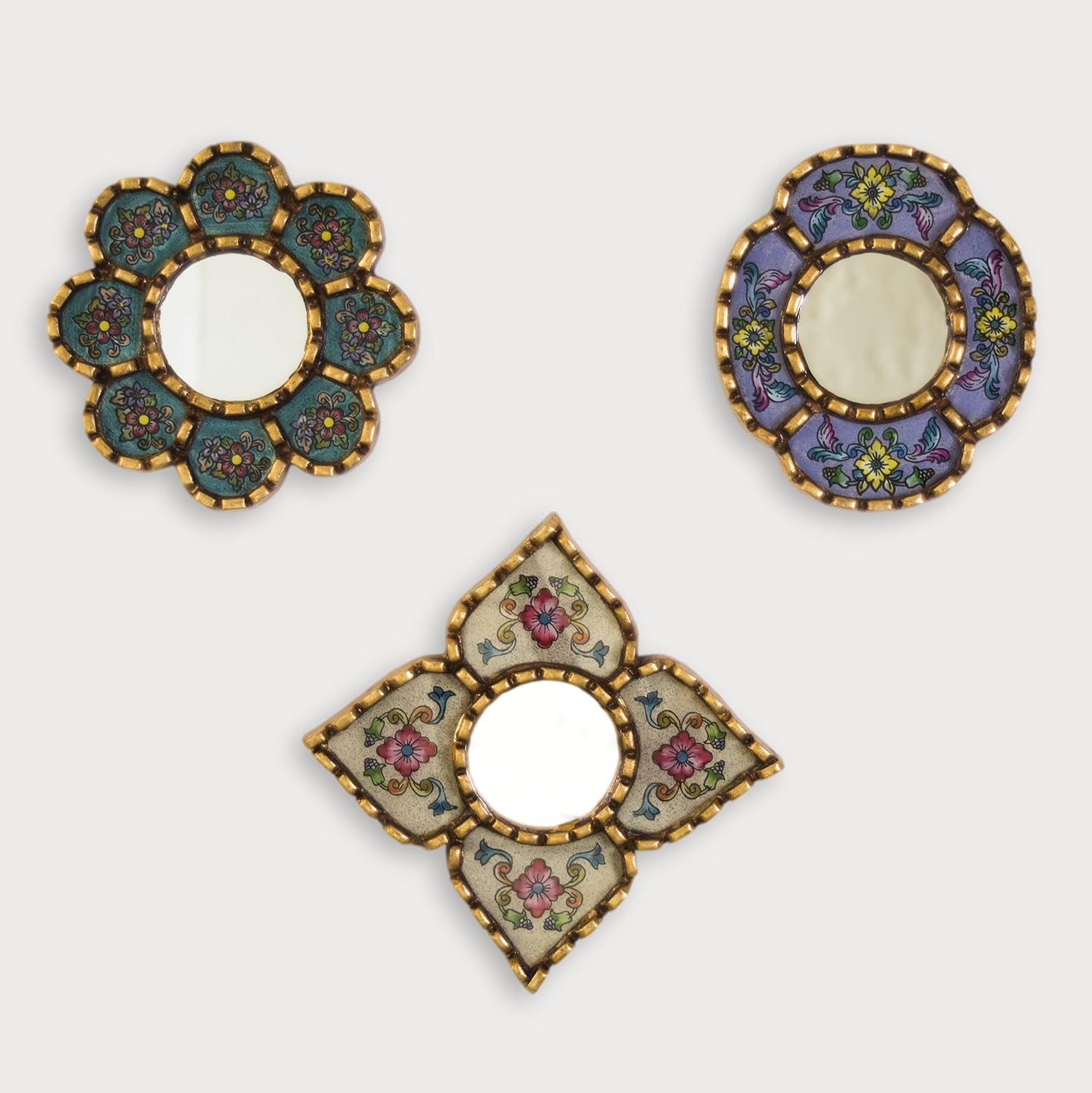 Artisan Small Accent Wall Mirror Set of 3 - Peruvian mirrors for wall with bronze leaf frame - Reverse Painted Glass Mirrors