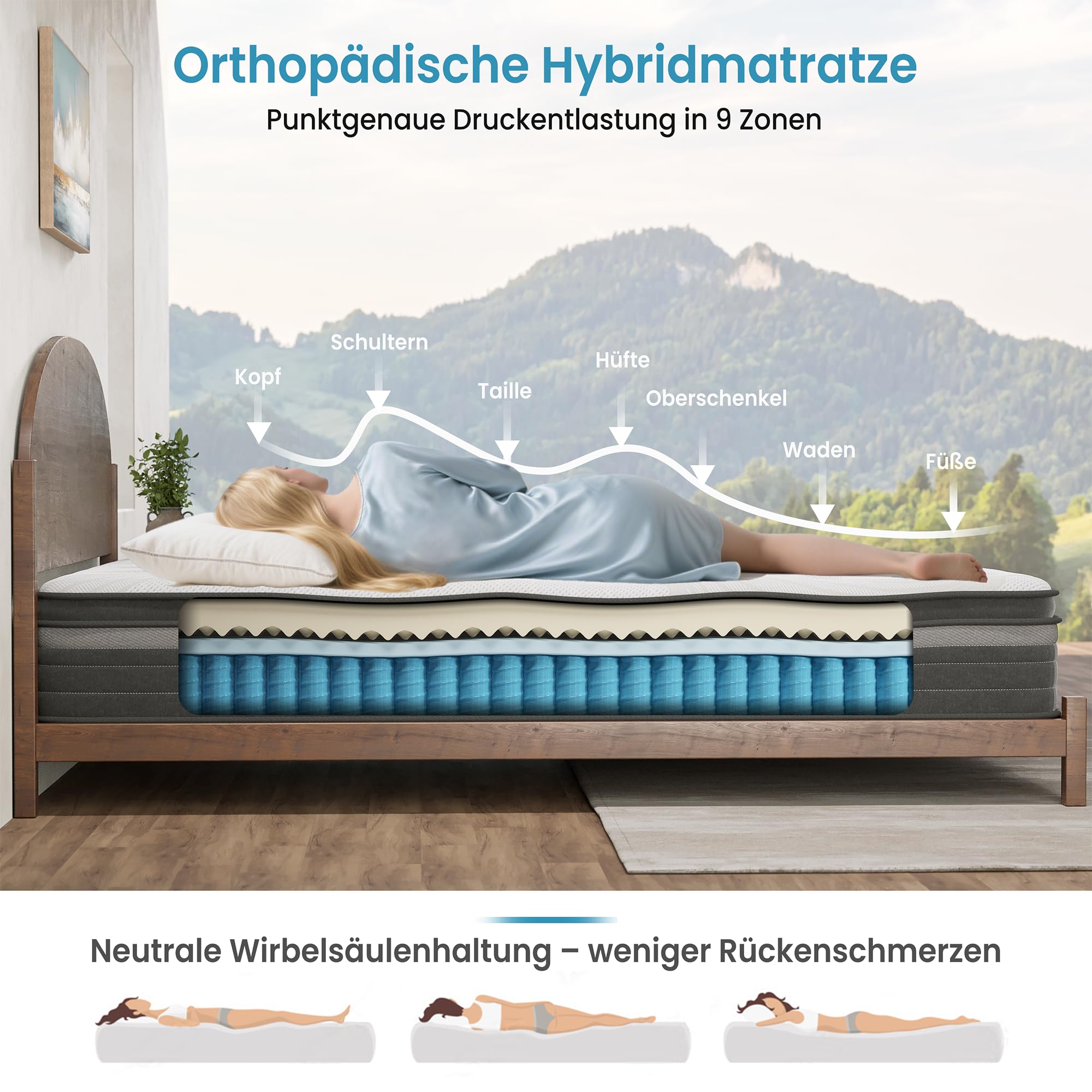 TeQsli Taschenfederkernmatratze 90x200cm Höhe 25cm Härtegrad H3 – orthopädische 9-Zonen Matratze mit Gel-Memory-Schaum, Rücken- & Druckentlastung, atmungsaktiver Bezug, Öko-Tex & CertiPUR zertifiziert