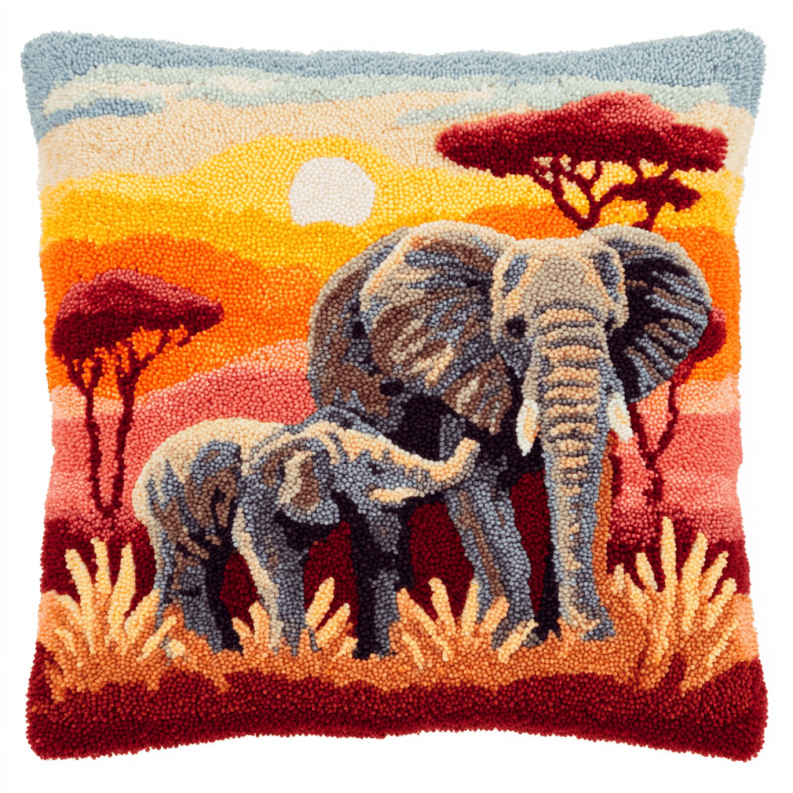 XDEGHUANGSS Latch Hook Kit DIY Elephant Father and Son Pillow Cover Cushion - Beginner Handmade Yarn Kit Sofa Home Decor Material Pack Gift,43x43 cm