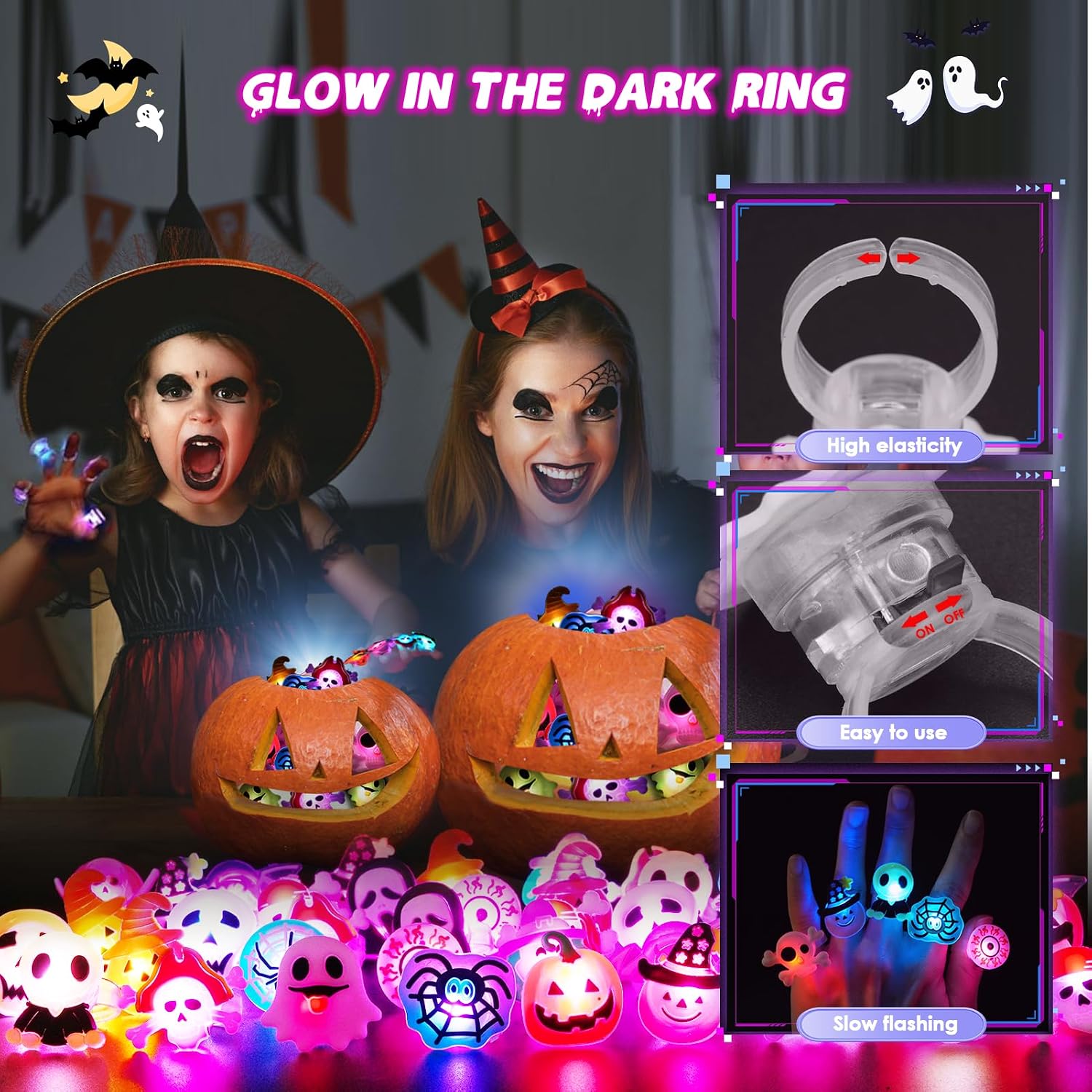 Tiaxidex 65PCS Halloween Light Up LED Rings, Non Candy Trick or Treats 3D Flashing Rings Toys Glow In the Dark Halloween Party Favor Ring Toy Gifts For Kids Adults Goodie Bag Stuffers