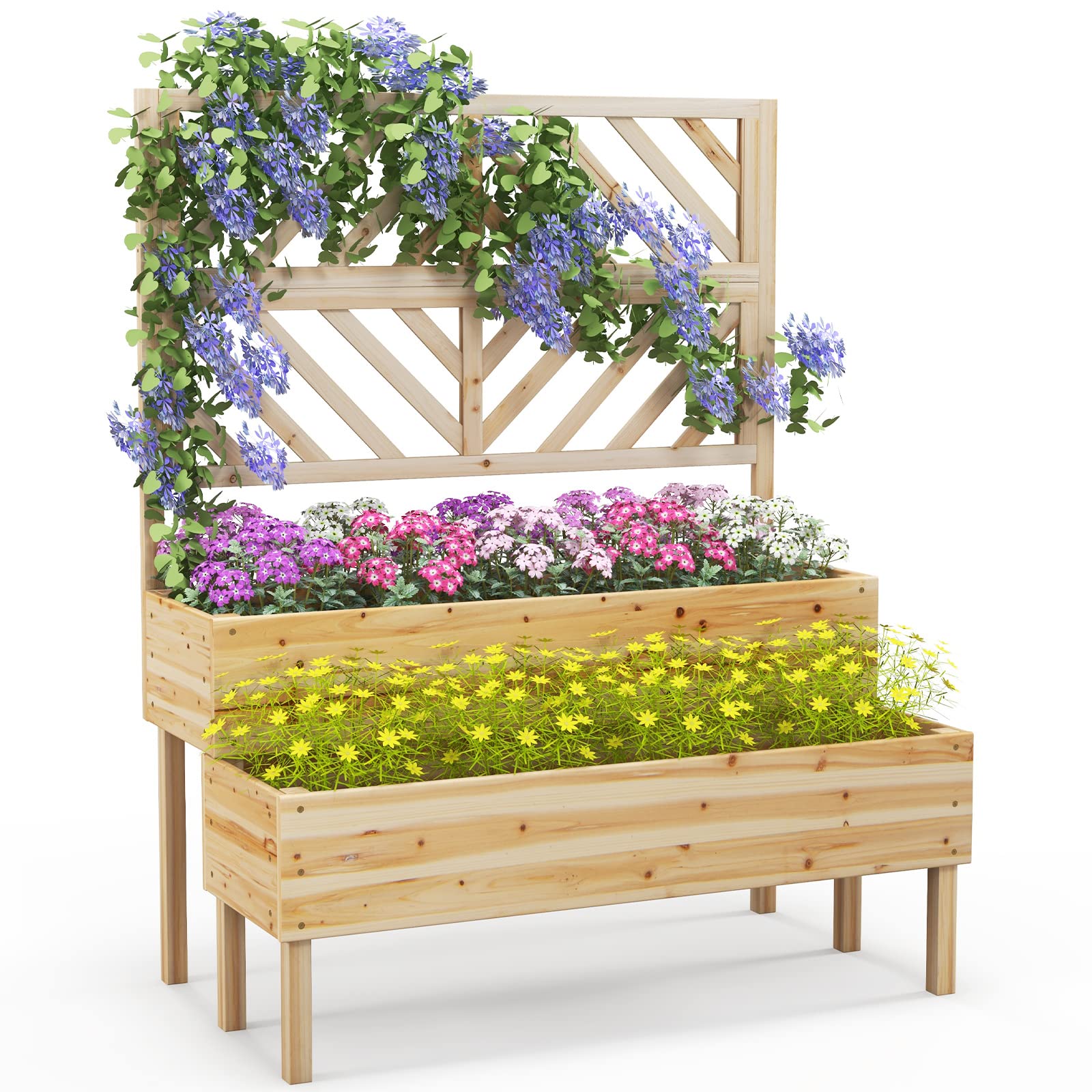 TANGZON 2-Tier Raised Garden Bed with Trellis, Wooden Elevated Planter Box with Drainage Holes, Outdoor Vertical Growing Bed for Vine Climbing Plant Flower Herb (Natural, 109 x 62 x 135cm)
