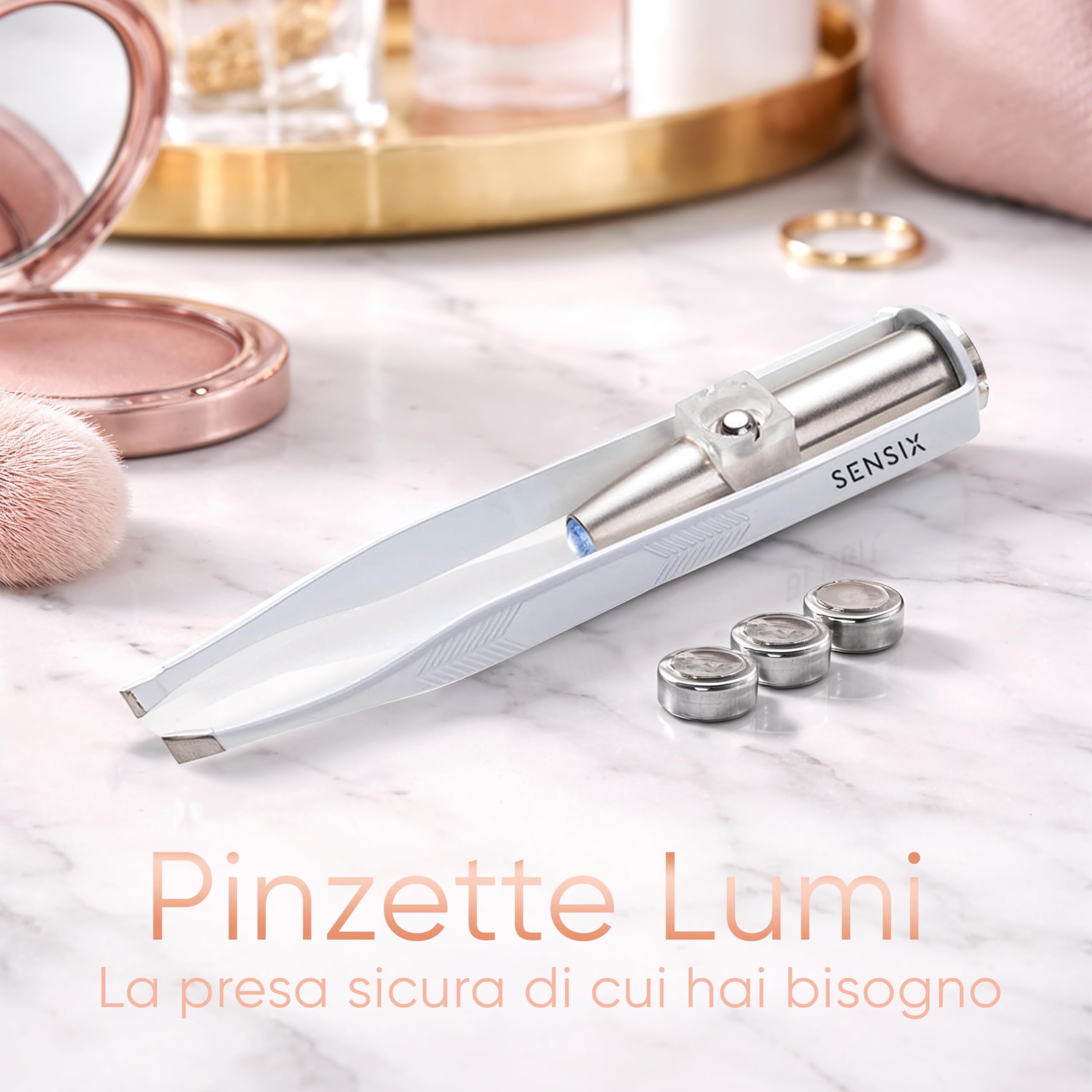 Sensica Pinzette Sopracciglia con Luce LED Professionali – Pinzette di Alta Precisione a Punta Obliqua in Acciaio Inox, Pinzette Luminose per Peli Incarniti e Viso, Idea Regalo Donna