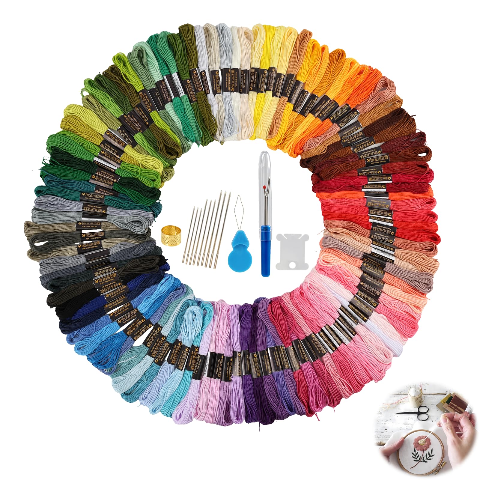Kit Completo de Hilos de Bordar Arcoíris, 100 Madejas de Colores con Accesorios Completos para Punto de Cruz, Bordado y Manualidades, Incluye Agujas, Enhebradores, Tijeras y Desgarrador de Costuras