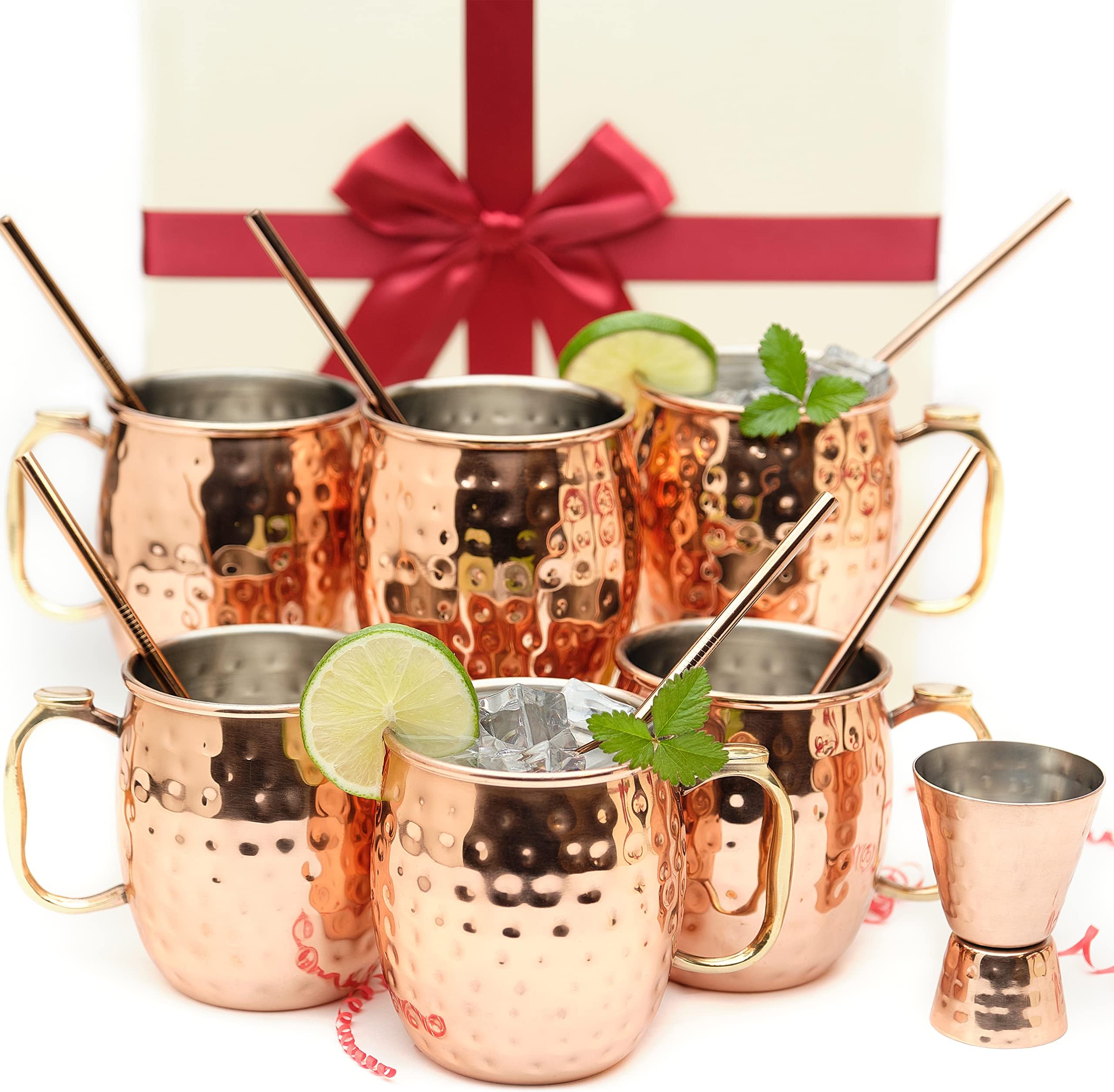 Kitchen Science [Gift Set] Moscow Mule Mugs, Stainless Steel Lined Copper Moscow Mule Cups Set of 6 (18oz) w/Straws, Jigger, Spoon & Brush | Tarnish-Resistant Stainless Steel Interior