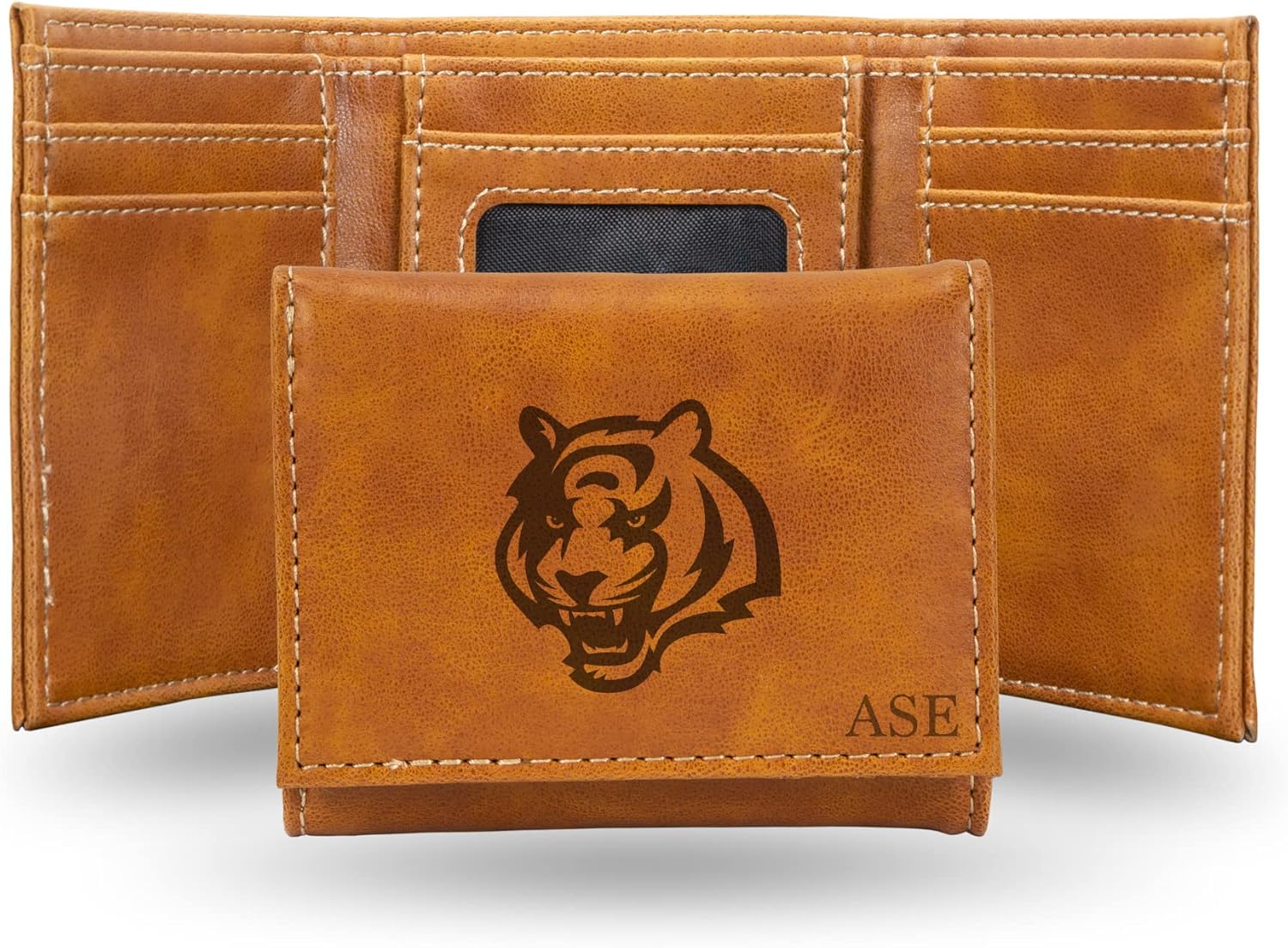 Rico Industries NFL Cincinnati Bengals Brown Personalized-Custom Laser Engraved Faux Leather Tri-fold Wallet - Slim Wallet