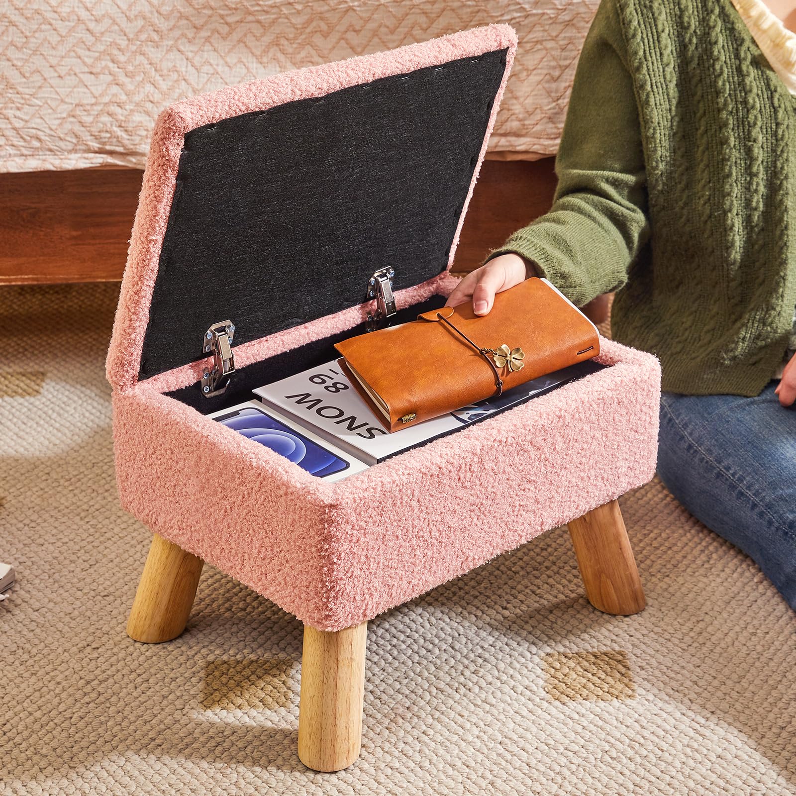 YMYNY Ottomane mit Stauraum, Fußhocker, Kleiner Fußhocker mit Stabilen Holzbeinen Hocker, Fußstütze mit Gepolstertem Sitz, für Wohnzimmer Schlafzimmer Eingänge 40 ×30 ×28CM Rosa HBD042P