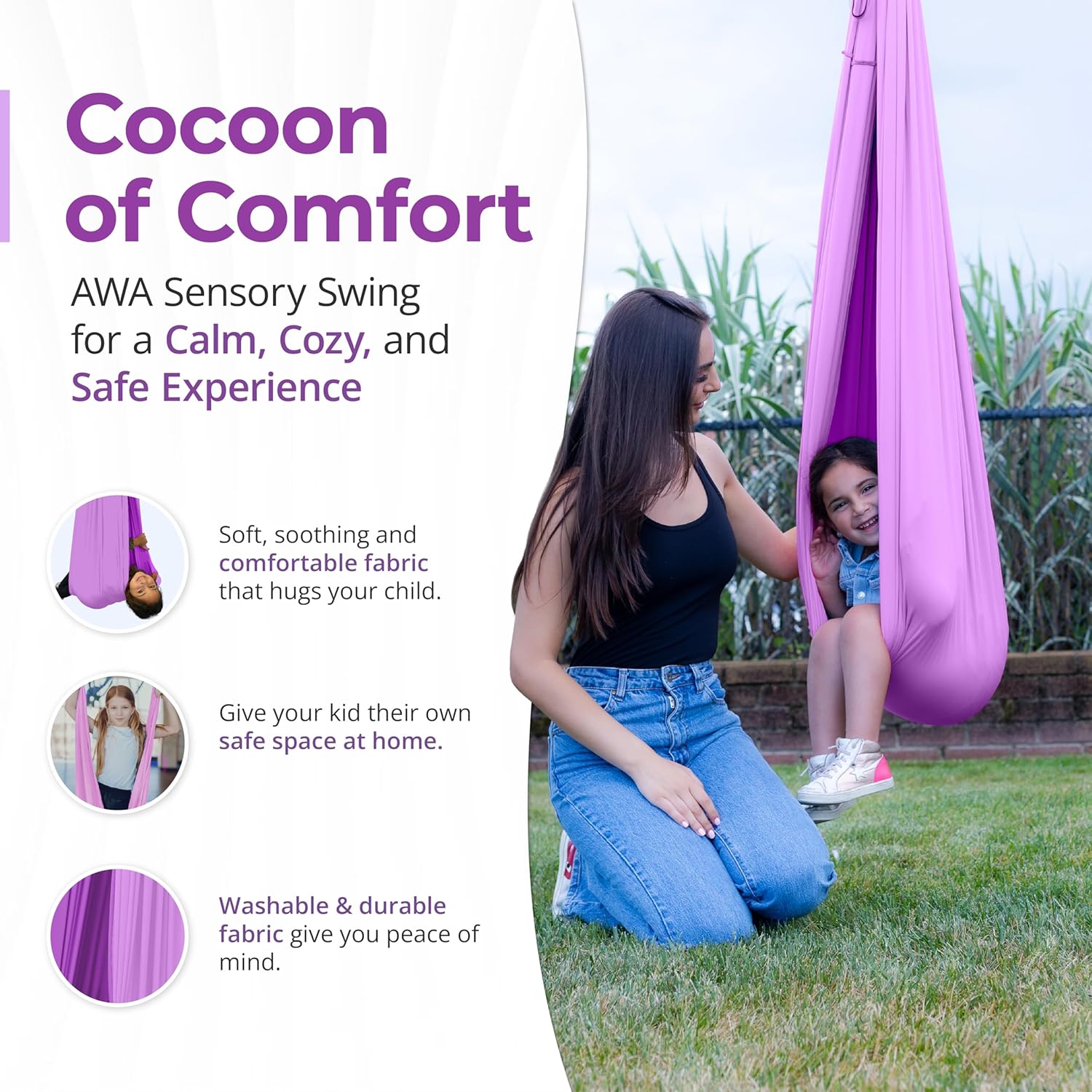 AWA Sensory Swing Indoor for Kids & Adults with Special Needs (Includes Hardware) Indoor Swing for Kids & Adults with Autism, ADHD, and Sensory Processing Challenges (Pink/Purple)