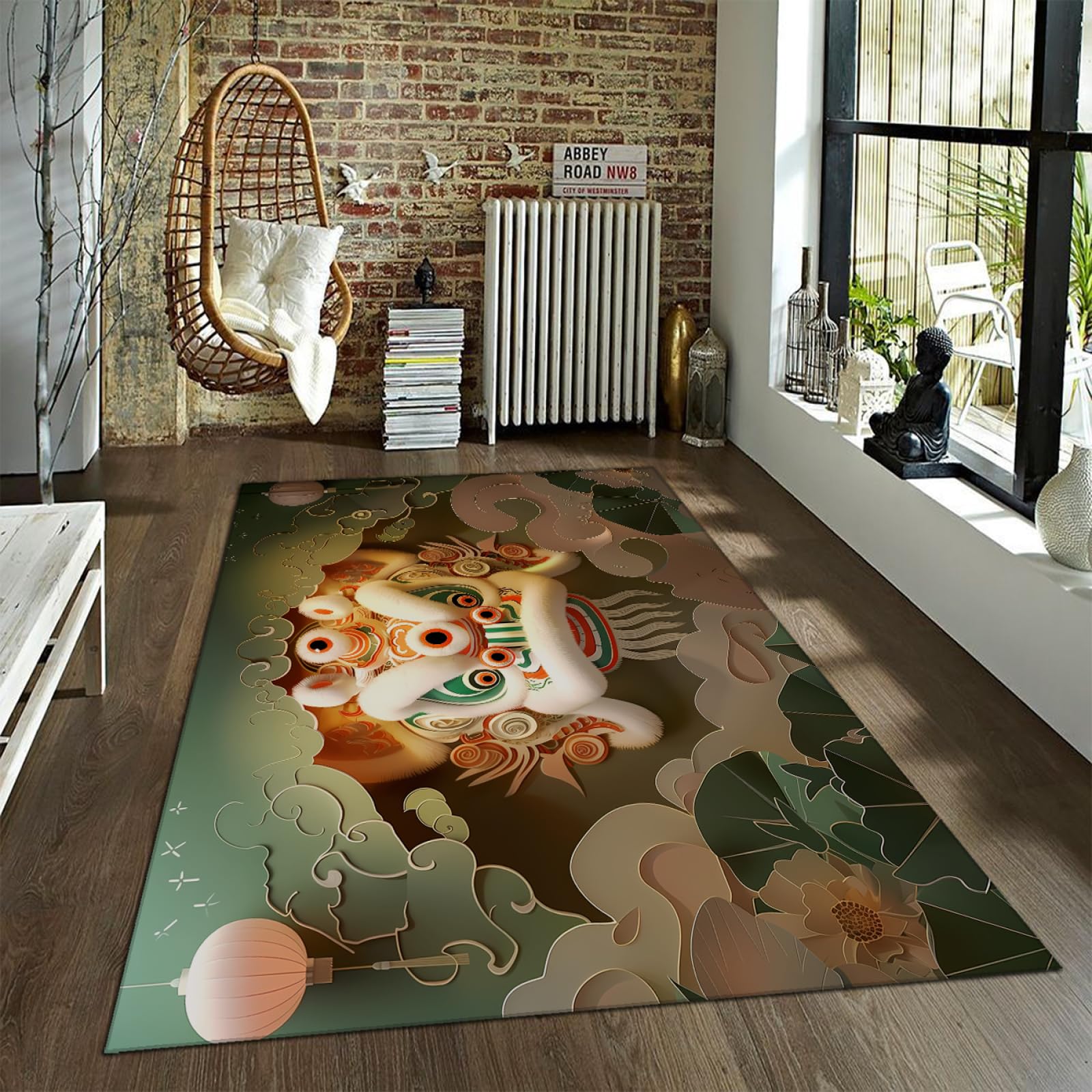 Tappeto artistico per taglio della carta 3d 180x240cm - Tappeto sottile a pelo basso antiscivolo tradizionale con modello di danza del leone carino tradizionale per lavanderia