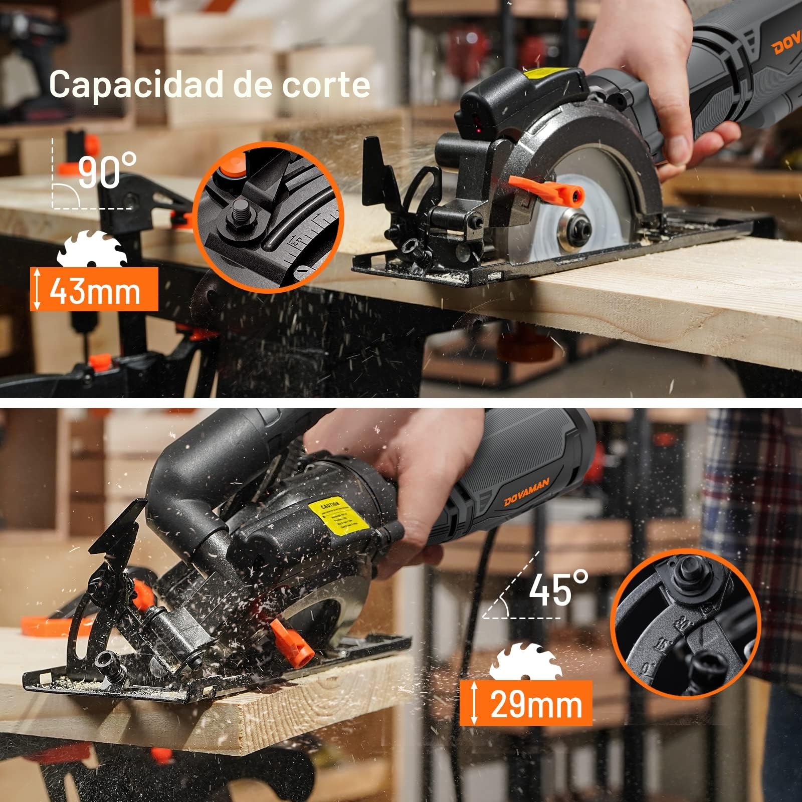 DOVAMAN Mini Sierra Circular con Láser, 710W, 3500rpm, Mango Auxiliar, 45° Corte en Bisel, Profundidad de Corte 29 a 43mm, 6 Hojas, para Madera, Metal Blando, Plástico, Azulejos-MCS01A